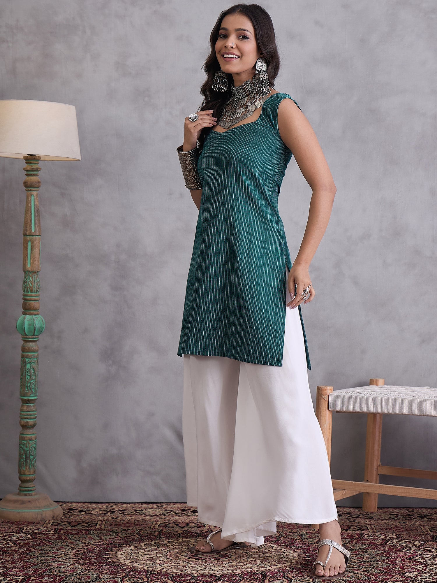 Emerald Green Kantha Cream Palazzo Set