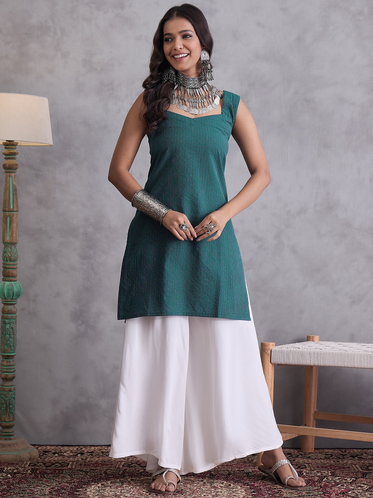 Emerald Green Kantha Cream Palazzo Set