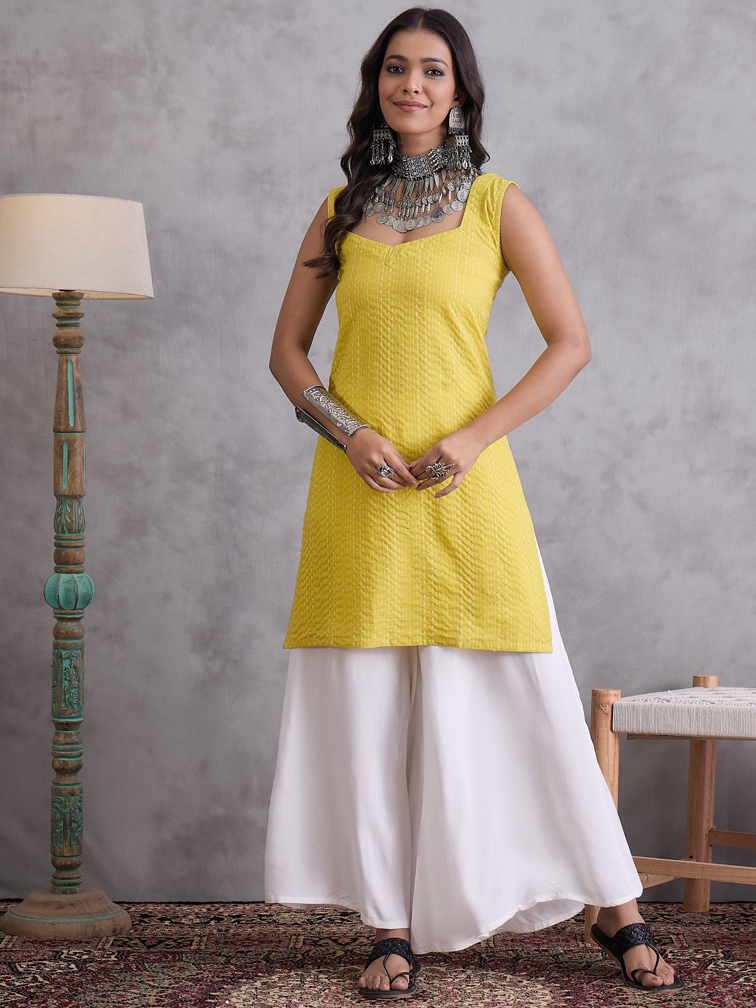 Yellow Kantha Cream Palazzo Set