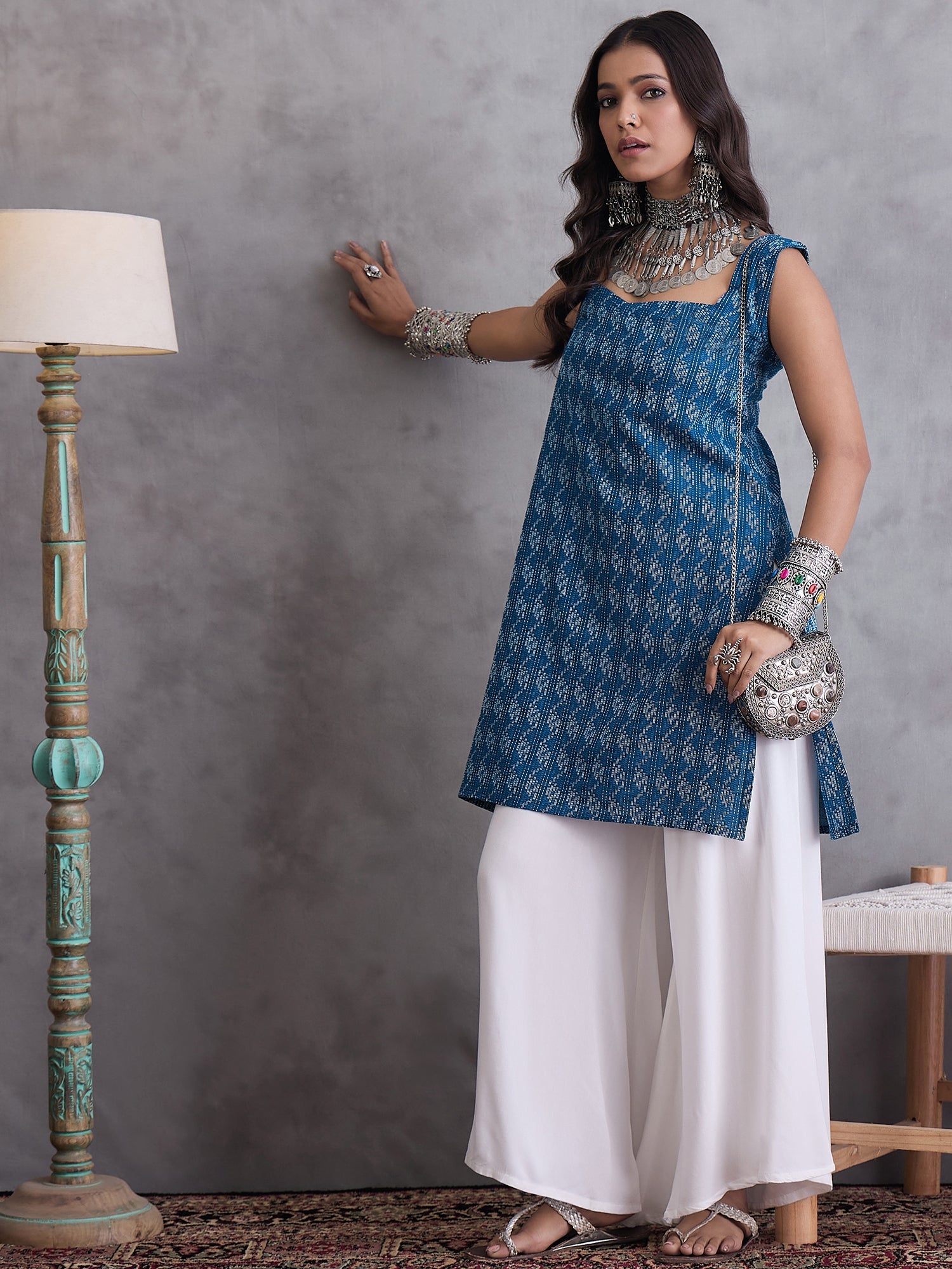 Blue Kantha Cream Palazzo Set