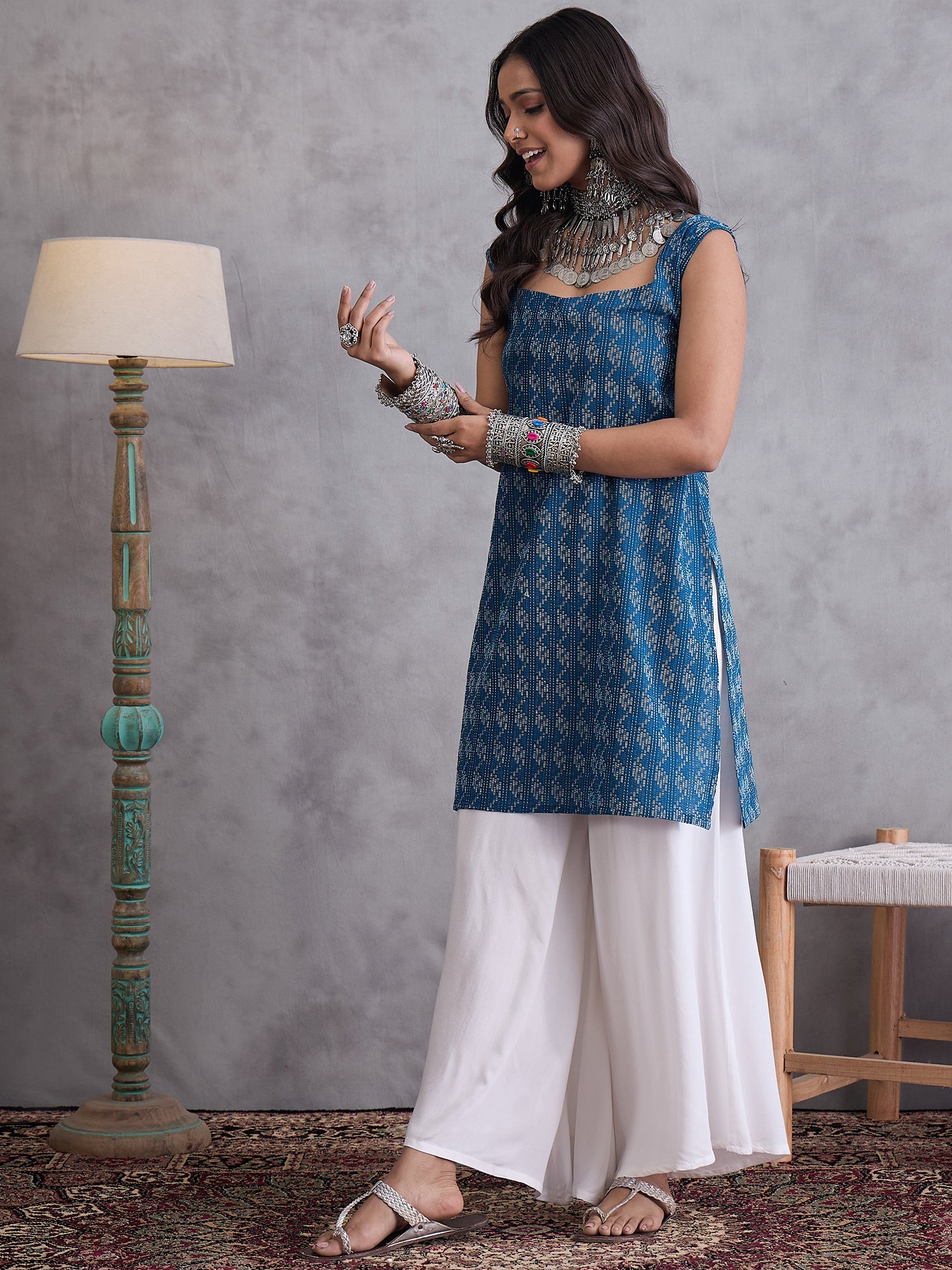 Blue Kantha Cream Palazzo Set