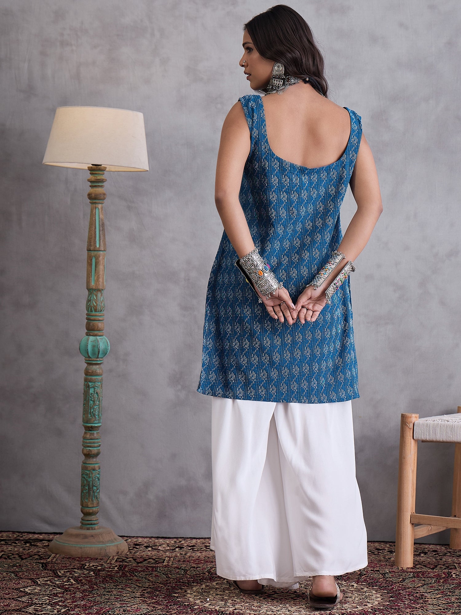 Blue Kantha Cream Palazzo Set