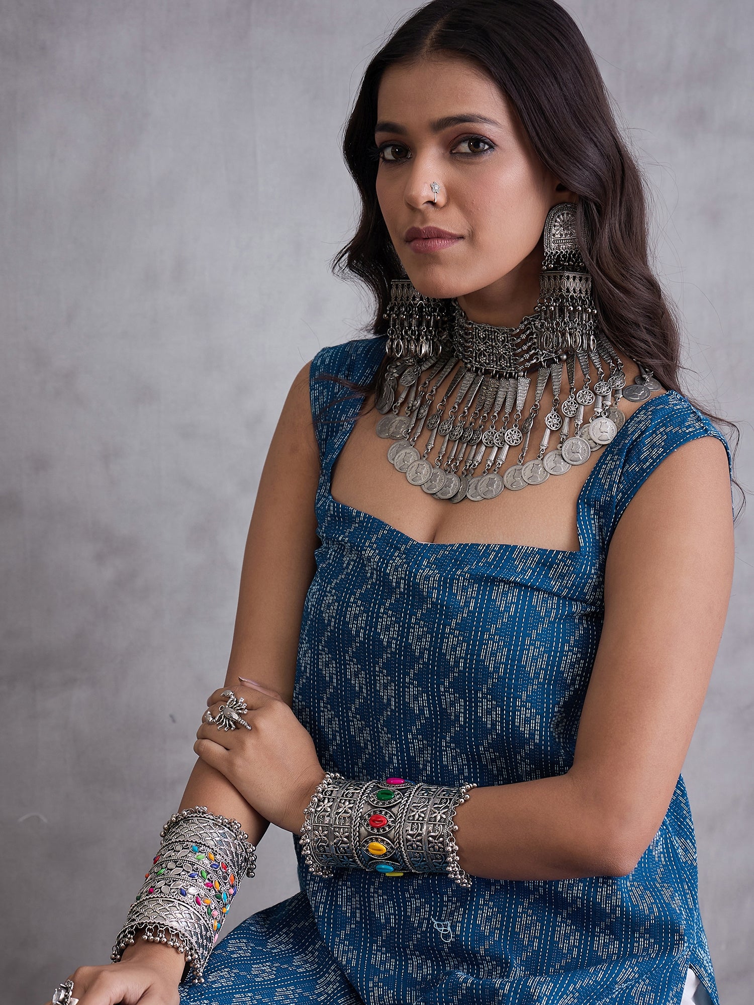 Blue Kantha Cream Palazzo Set