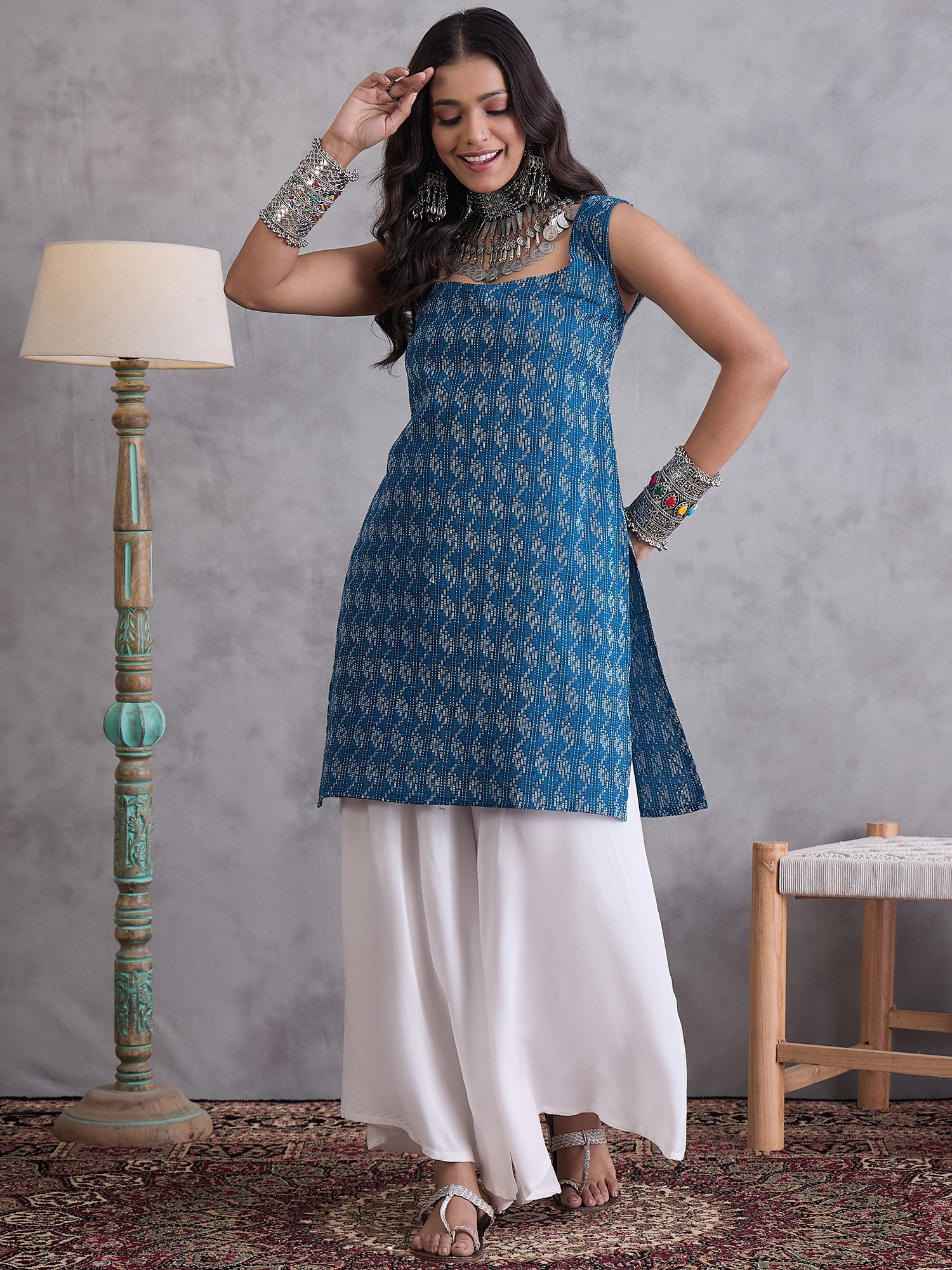 Blue Kantha Cream Palazzo Set