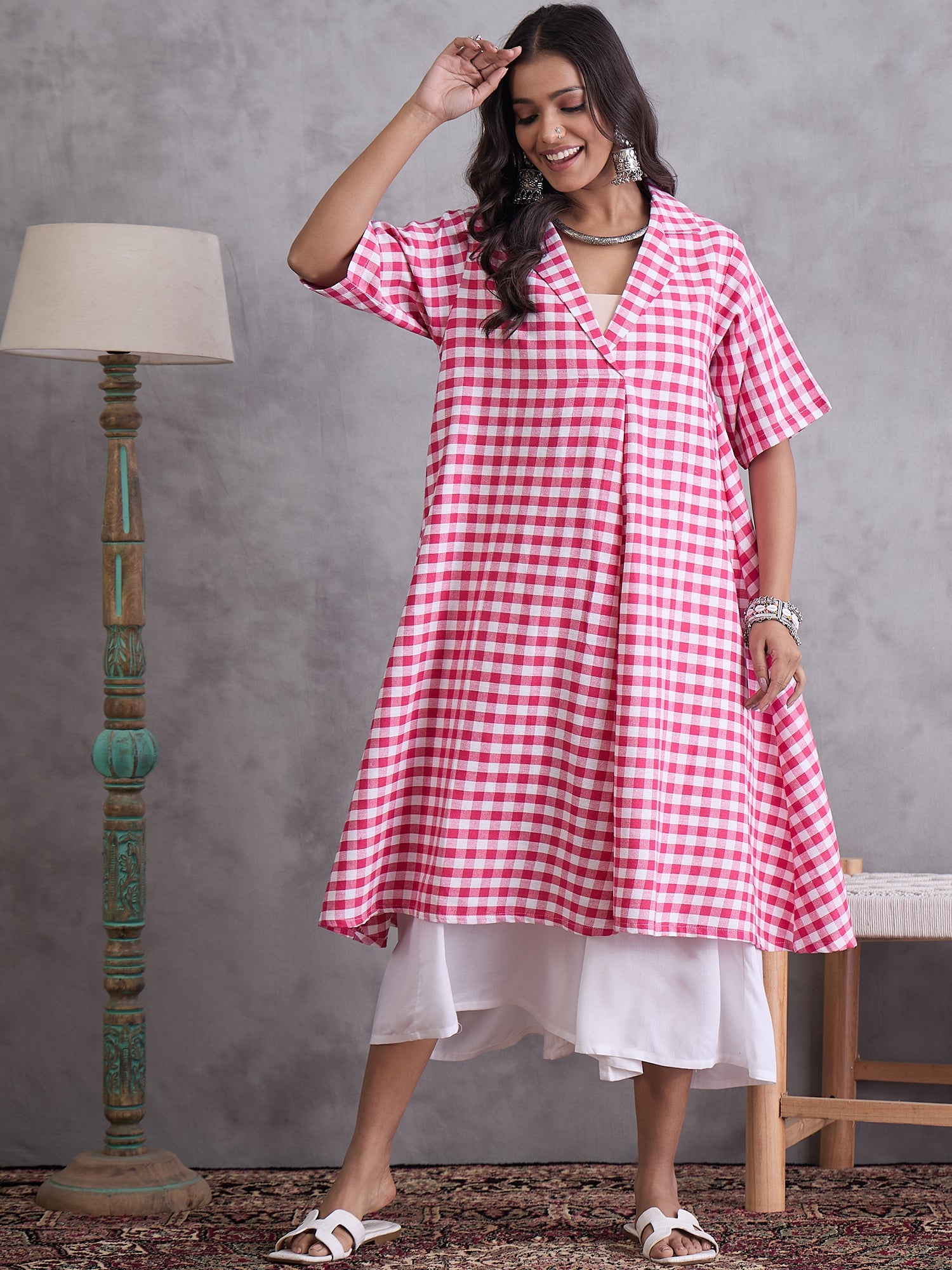 Pink Big Check Collar Palazzo Set