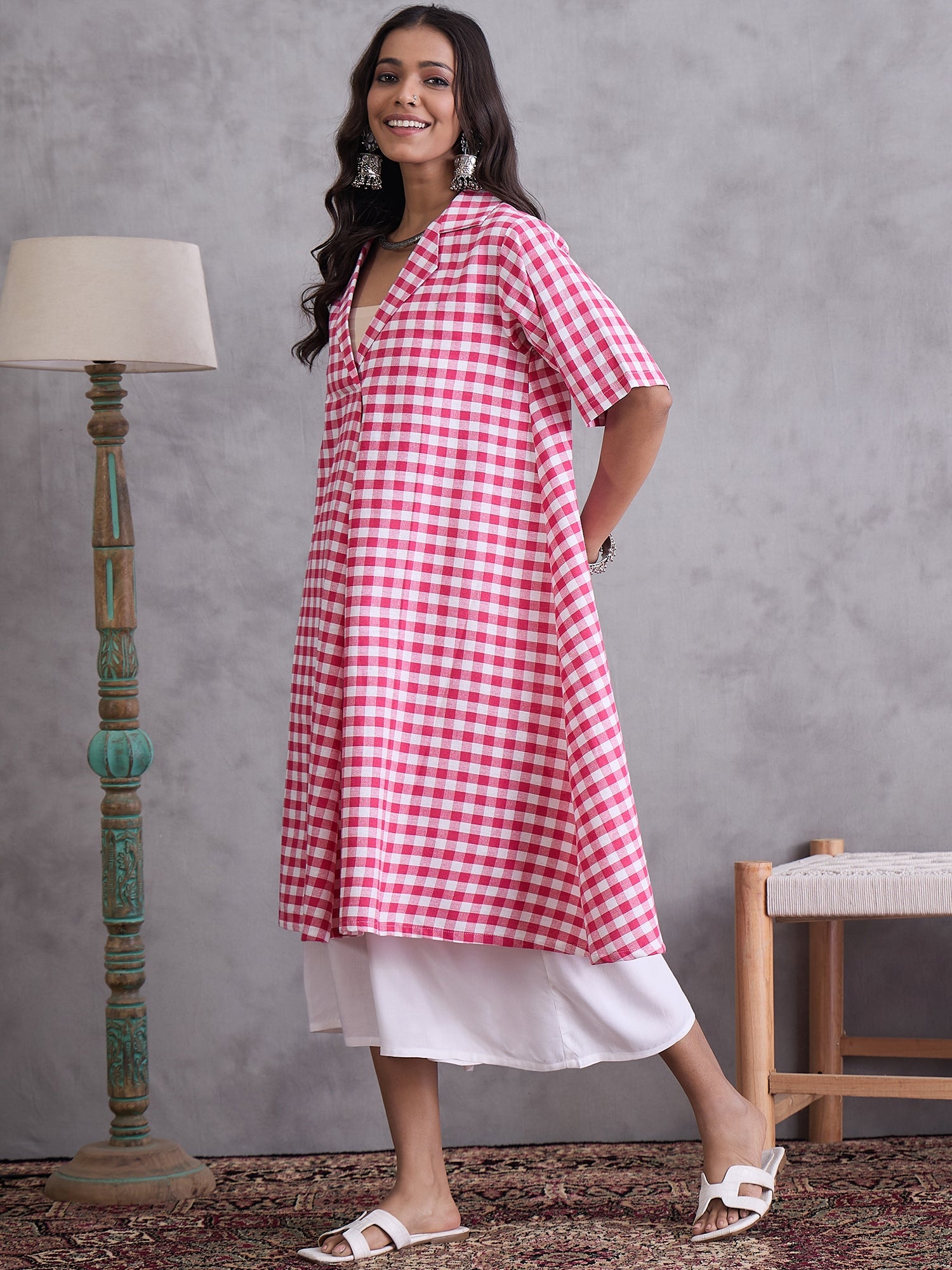 Pink Big Check Collar Palazzo Set