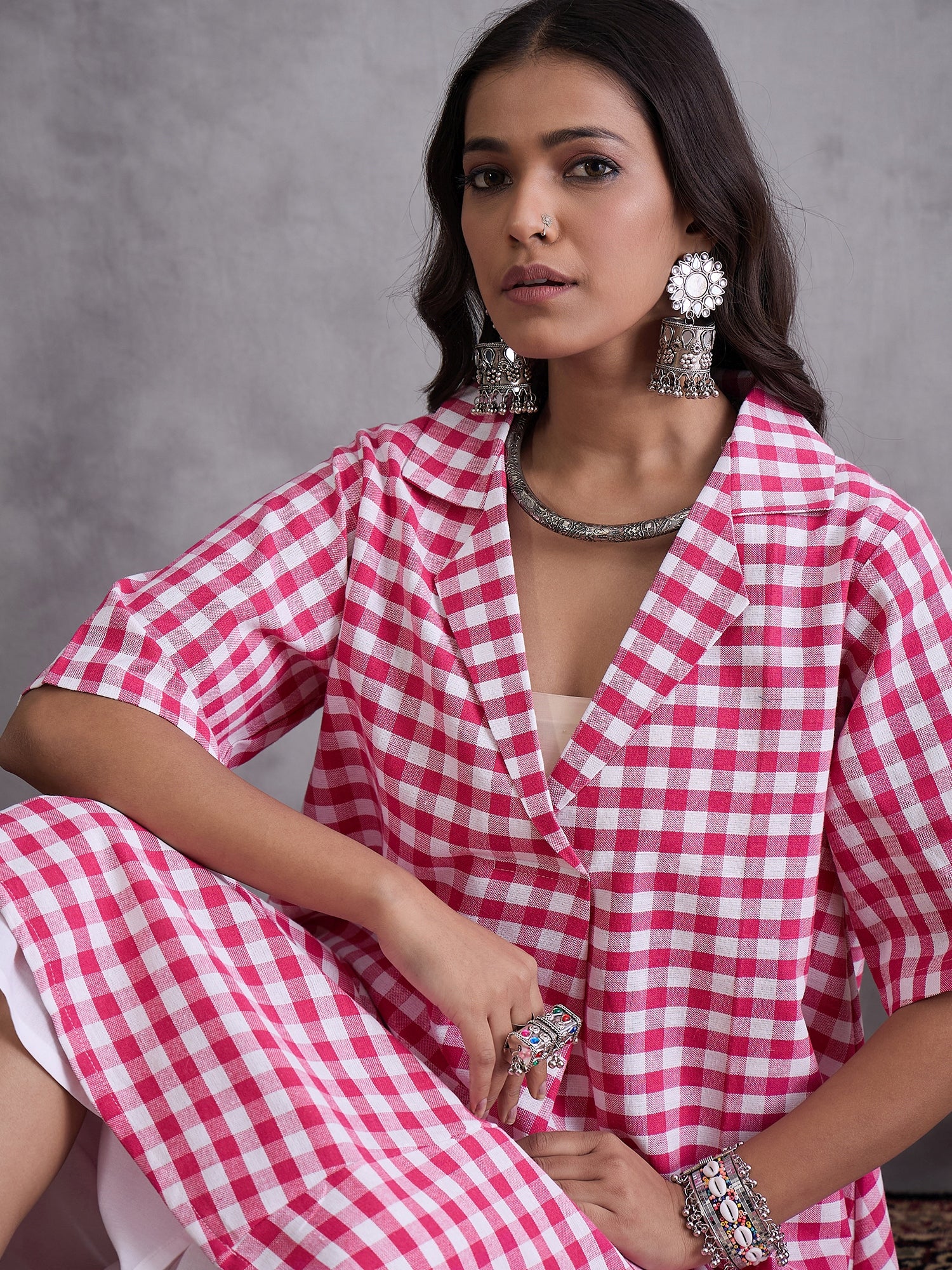 Pink Big Check Collar Palazzo Set