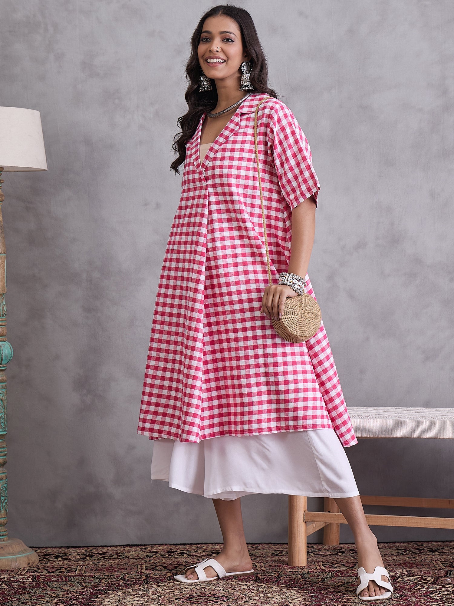 Pink Big Check Collar Palazzo Set