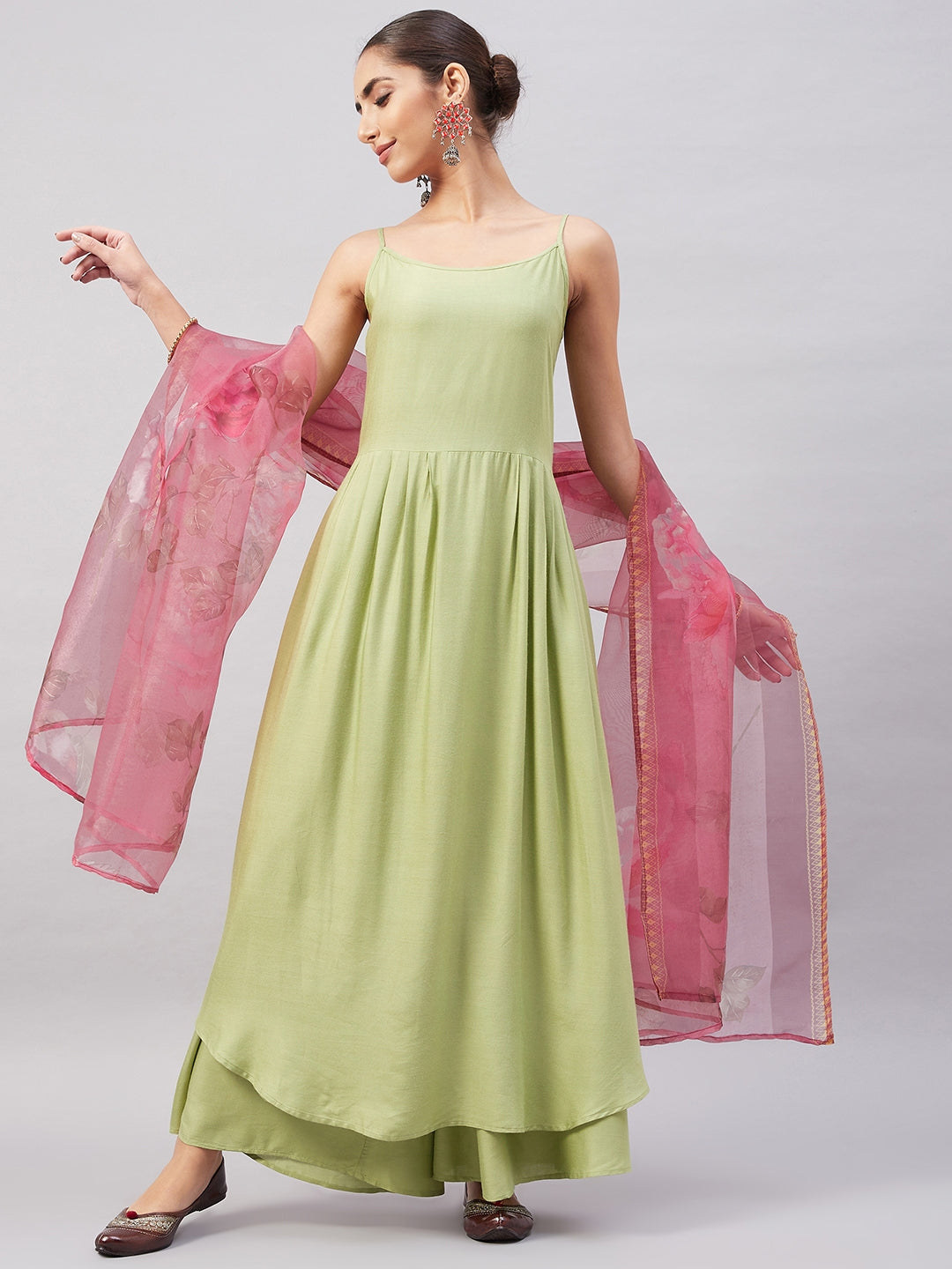 Light Green R Strappy Set W Pink Print Organza Dupatta