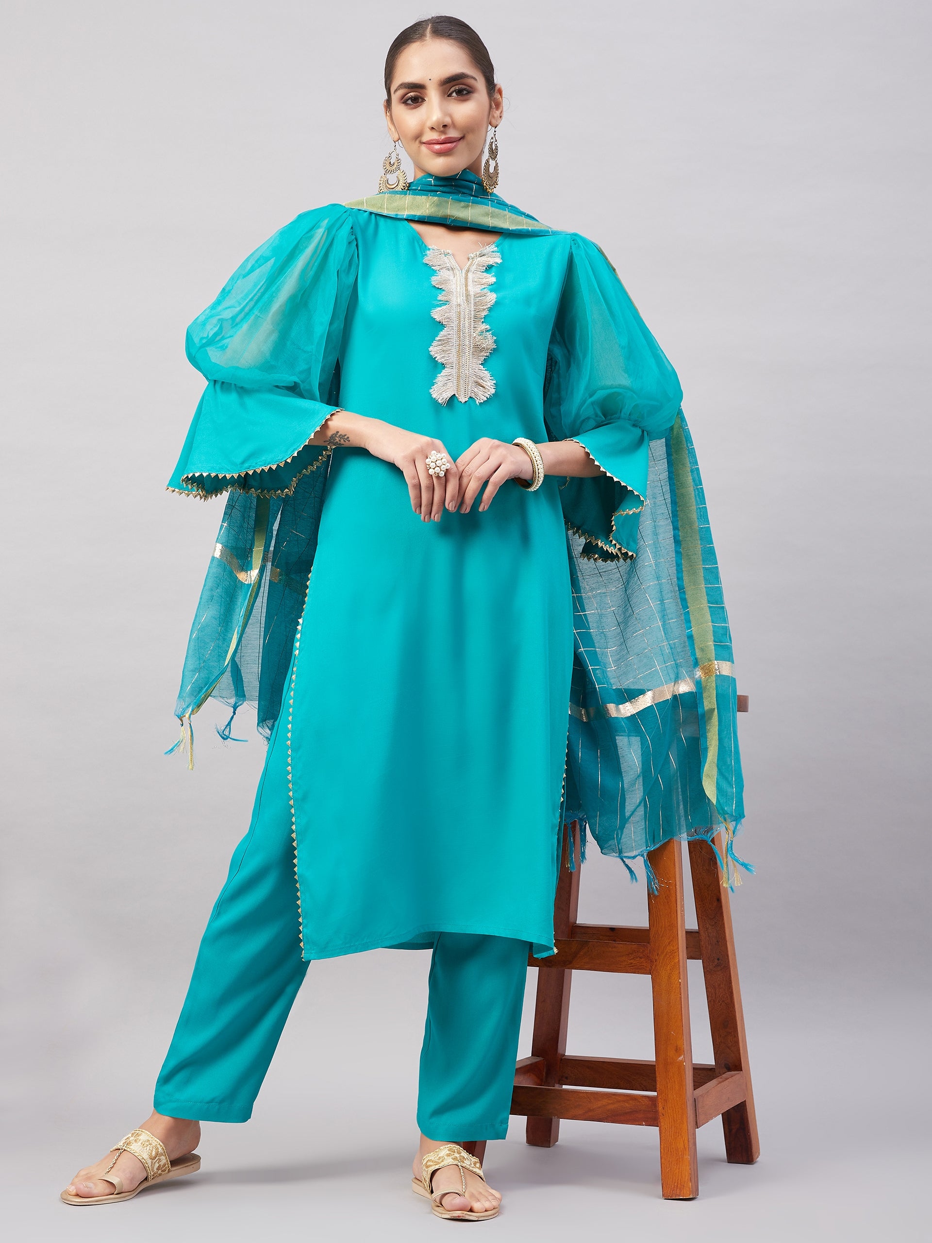 Aqua Organza Sleeve Kurta Set With Teal Gold Check Dupatta