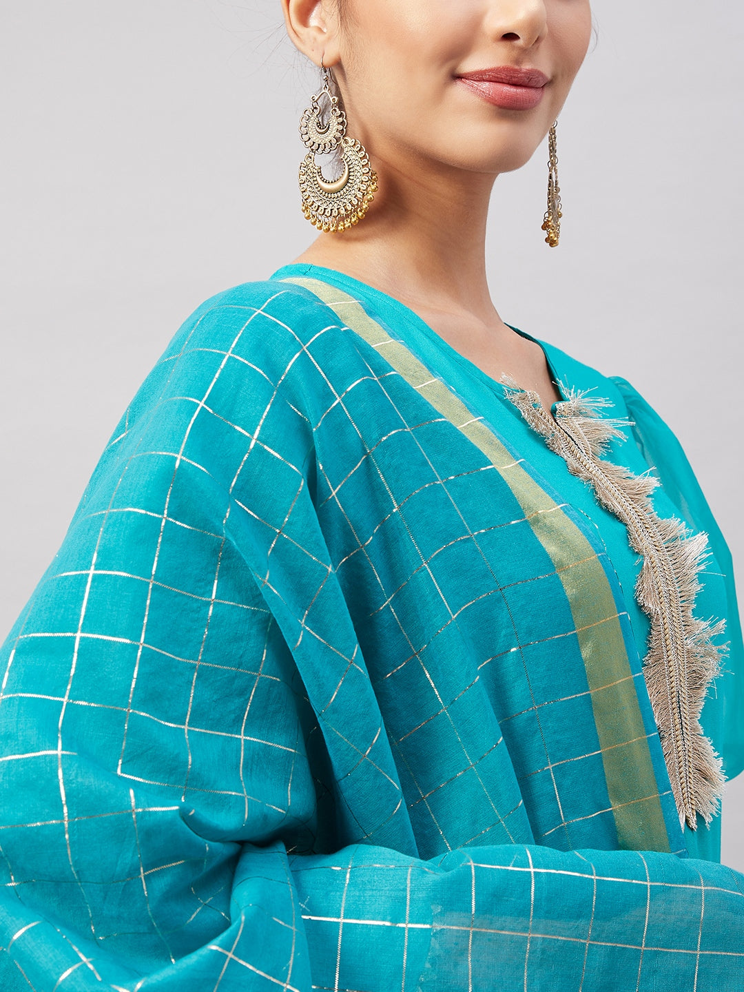 Aqua Organza Sleeve Kurta Set With Teal Gold Check Dupatta