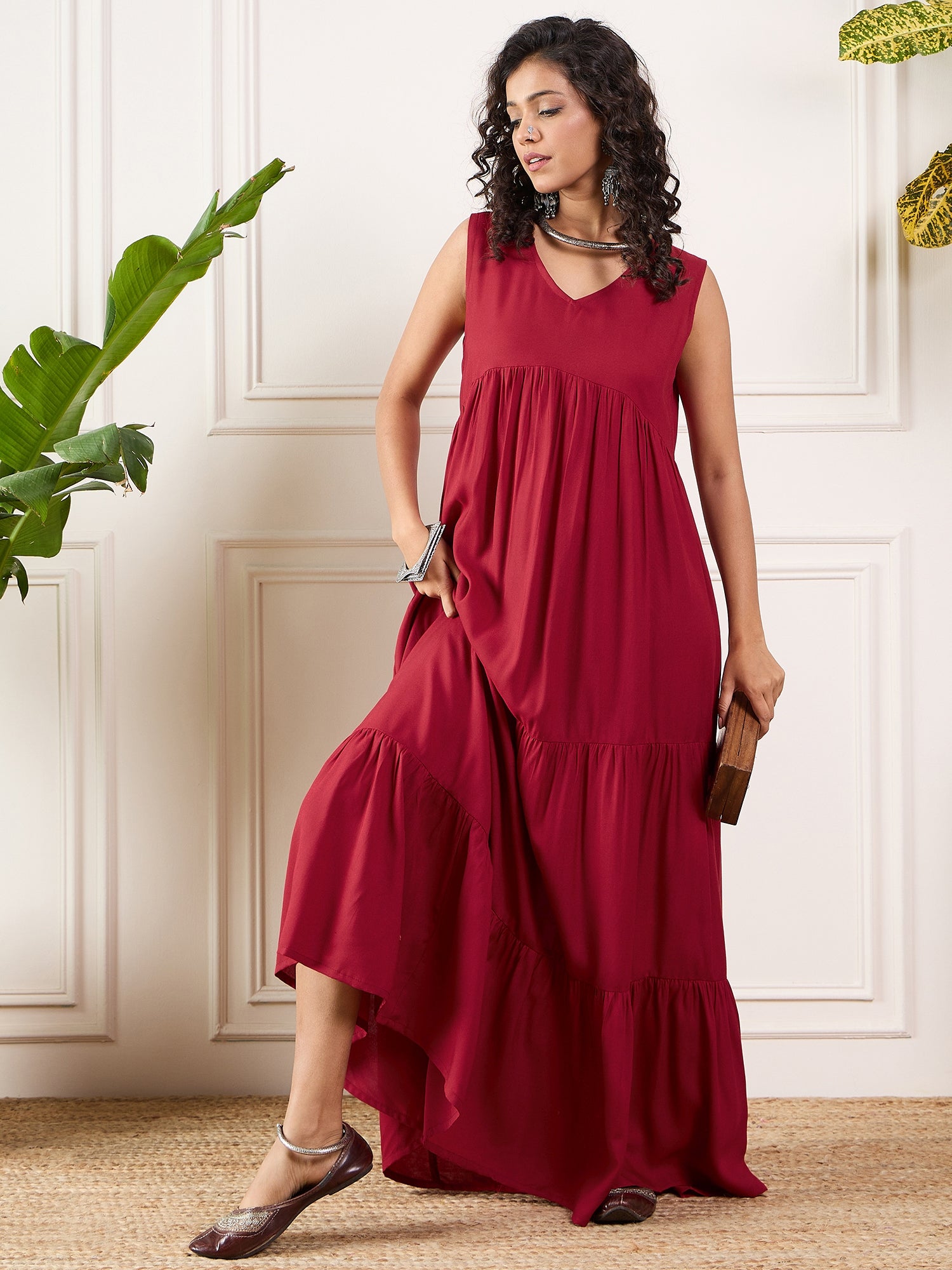 Maroon V Neck Sleeveless Long Tiered Dress