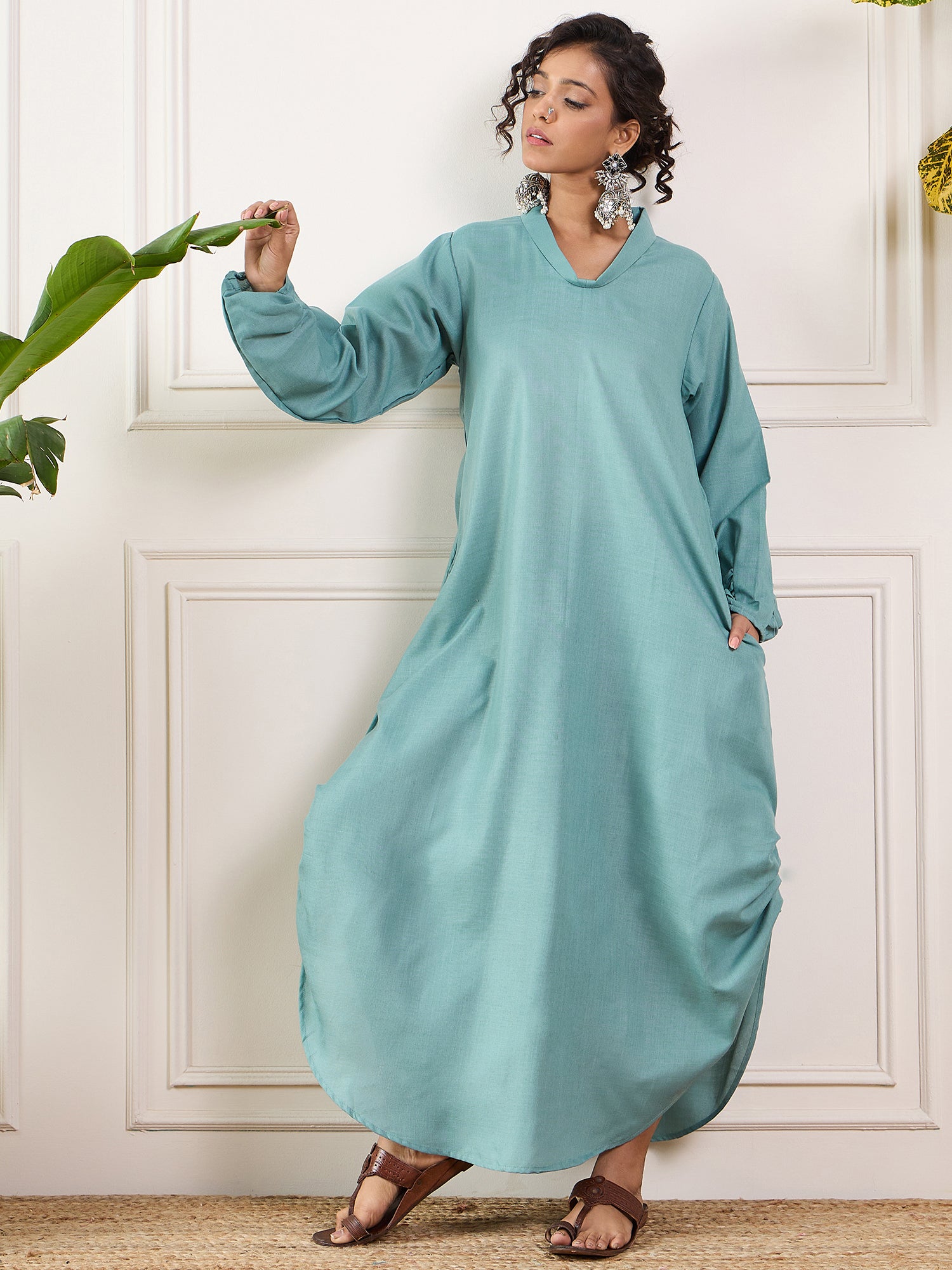 Dusty Teal Shawl Neck Long Side Pleat Dress