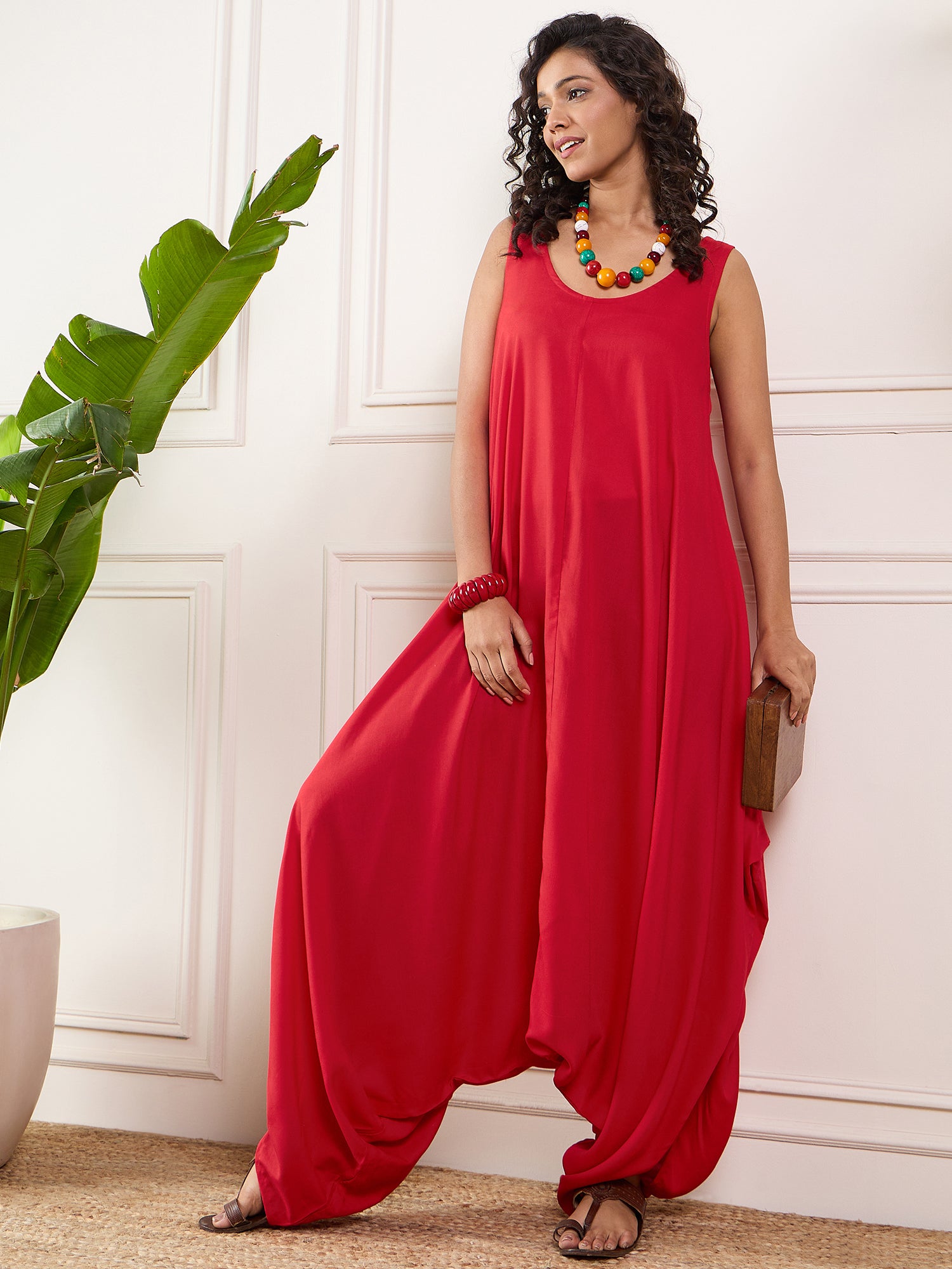 Red Round Sleeveless Jumpsuit