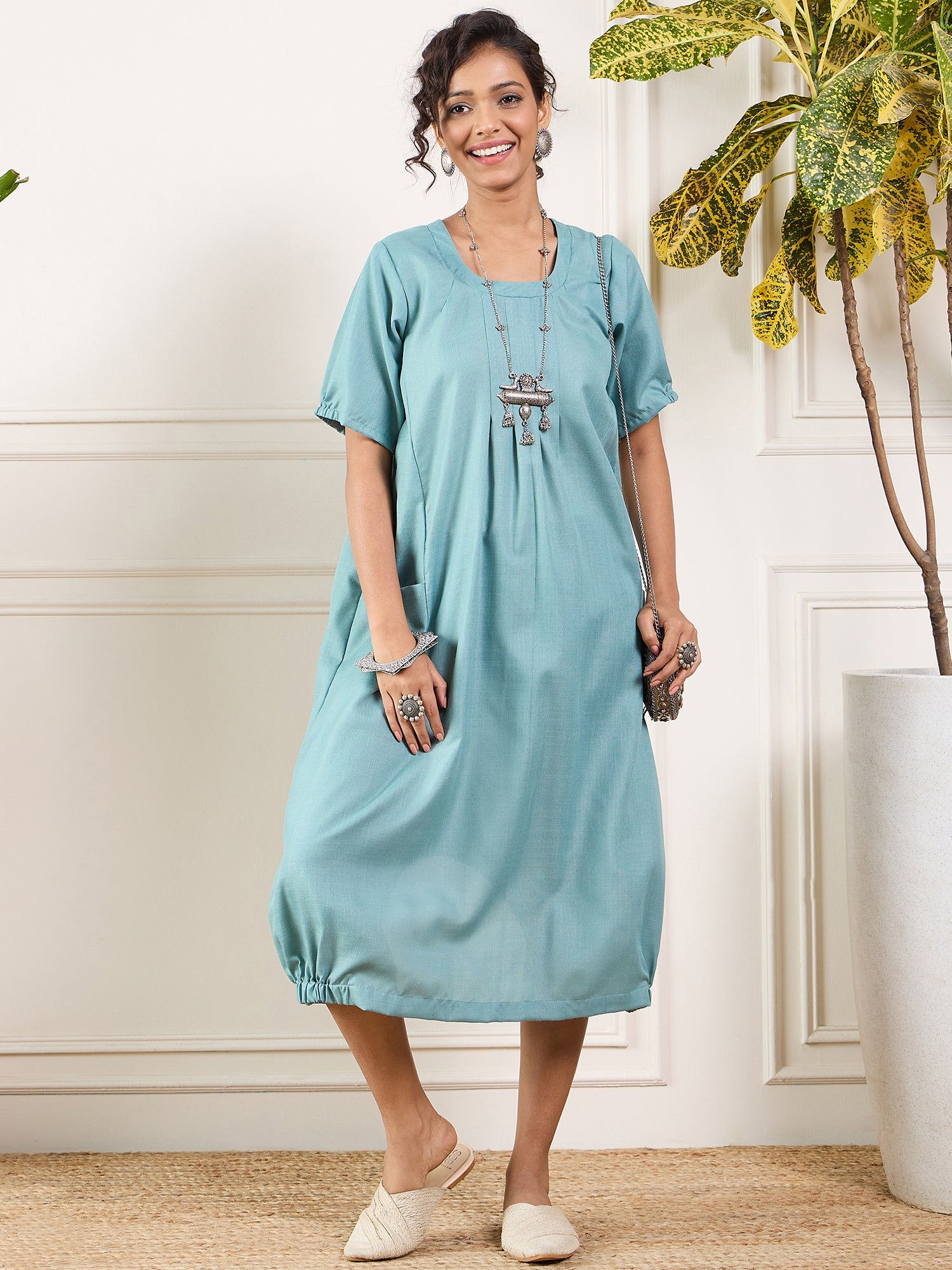 Dusty Teal Round Neck Short Balloon Dress