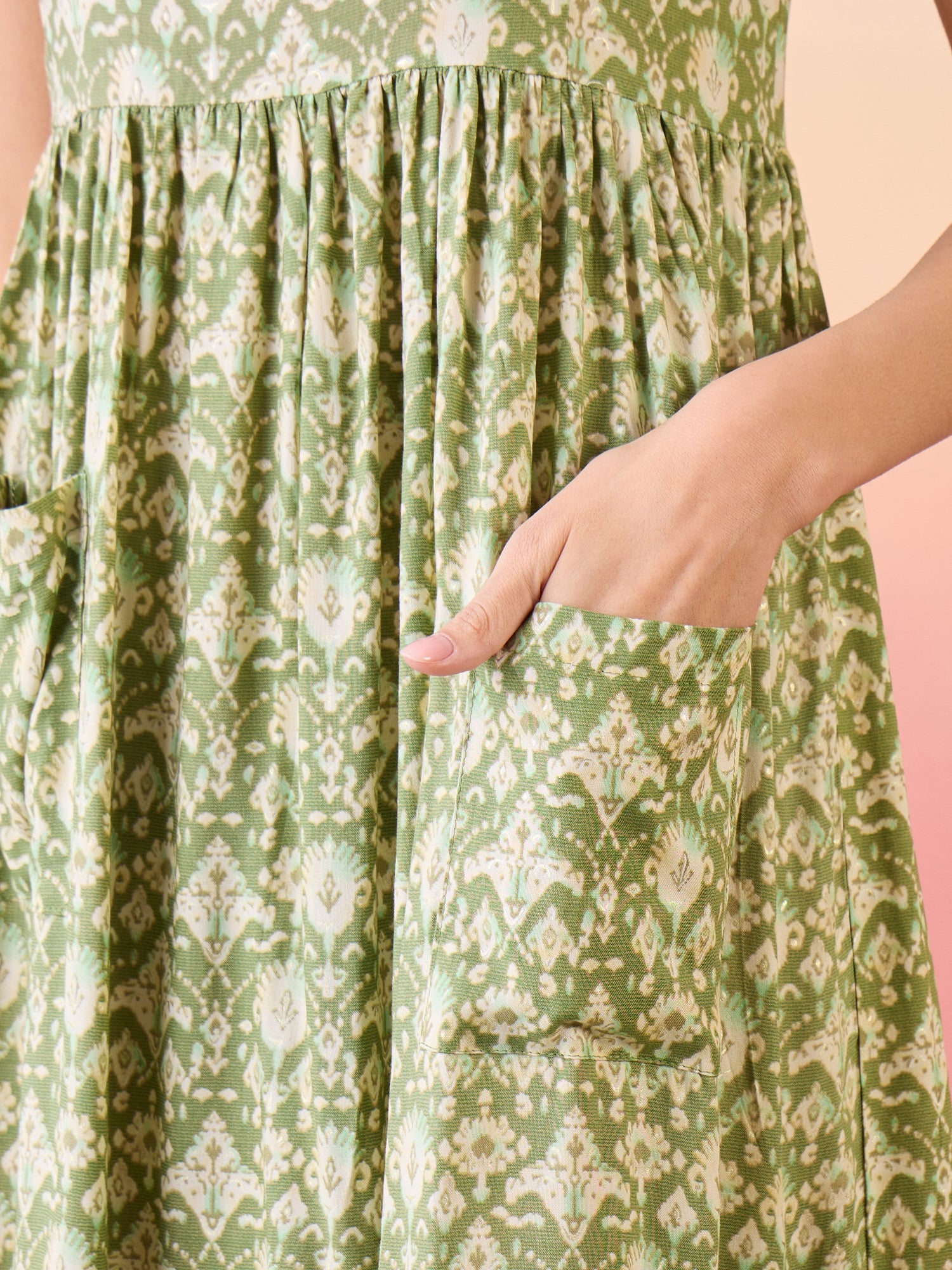 Apple Green Ikkat Print Foil Front Pocket Dress