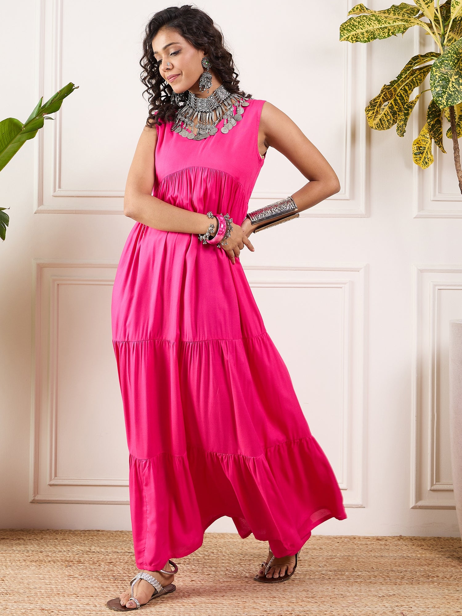 Pink V Neck Sleeveless Long Tiered Dress