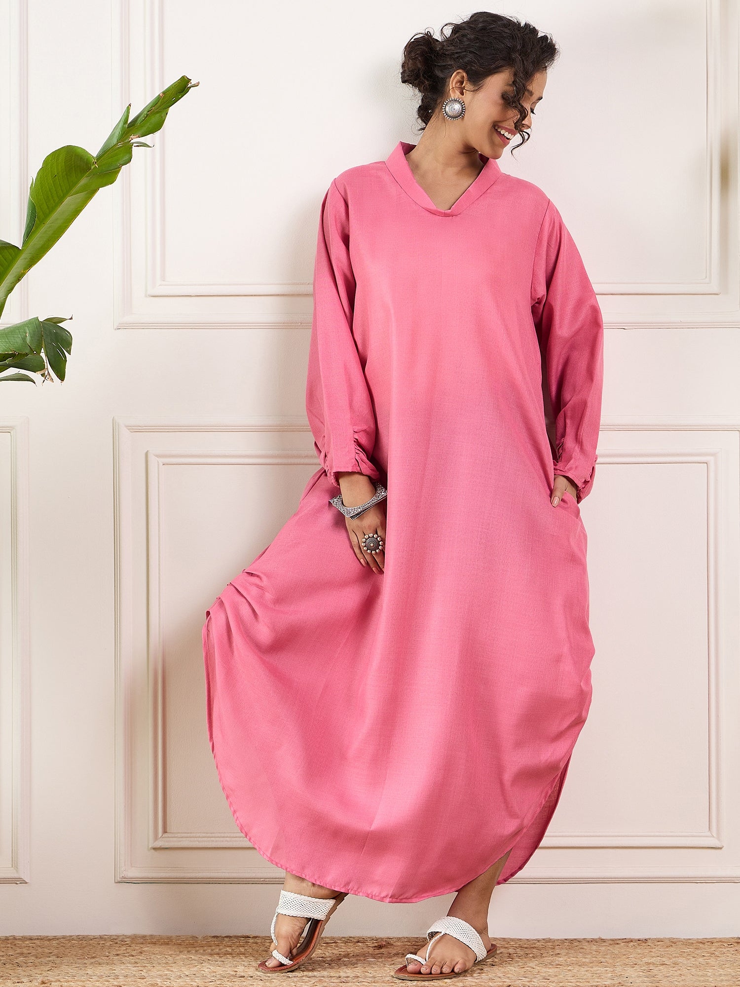 Bright Pink Shawl Neck Long Side Pleat Dress