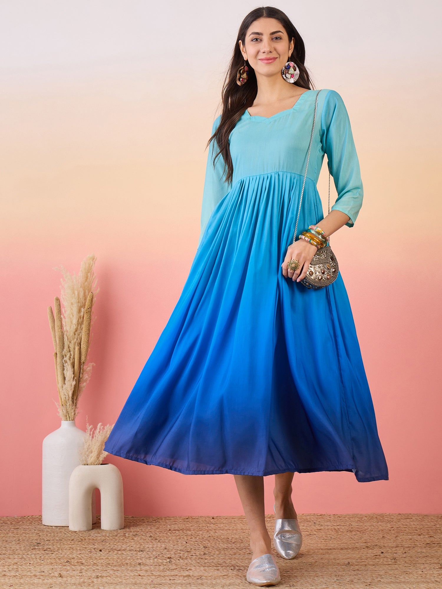 Light Aqua Blue Dyed Sweetheart Neck Long Anarkali Kurta