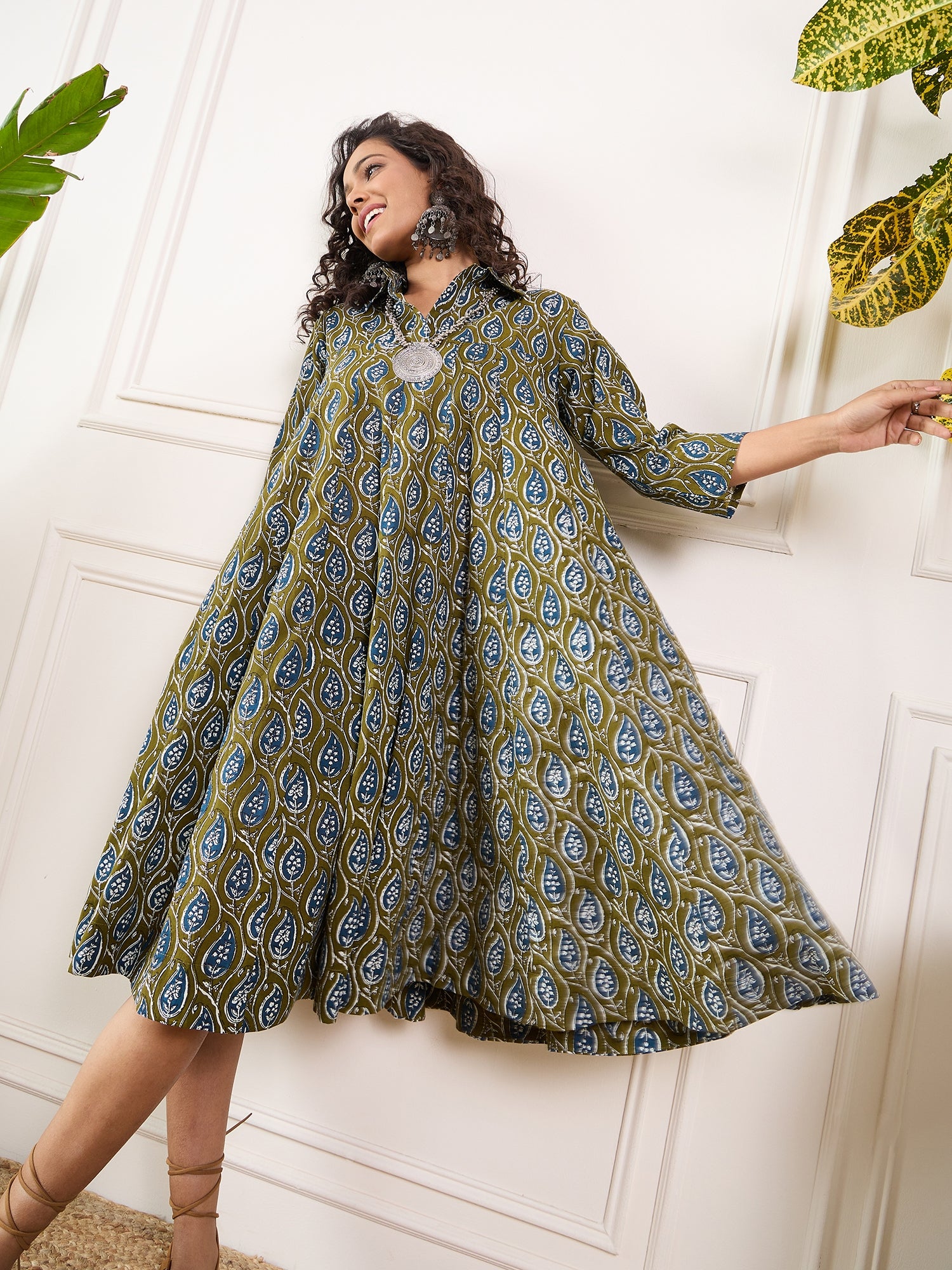 Olive Indigo Ajrak Leaves Collar Flared Dress