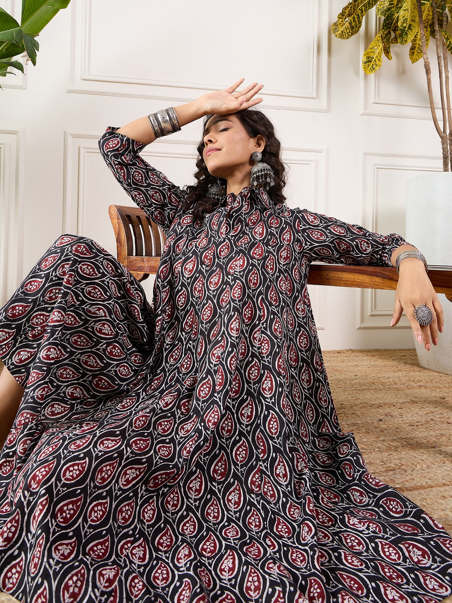 Black Maroon Ajrak Leaves Collar Flared Dress