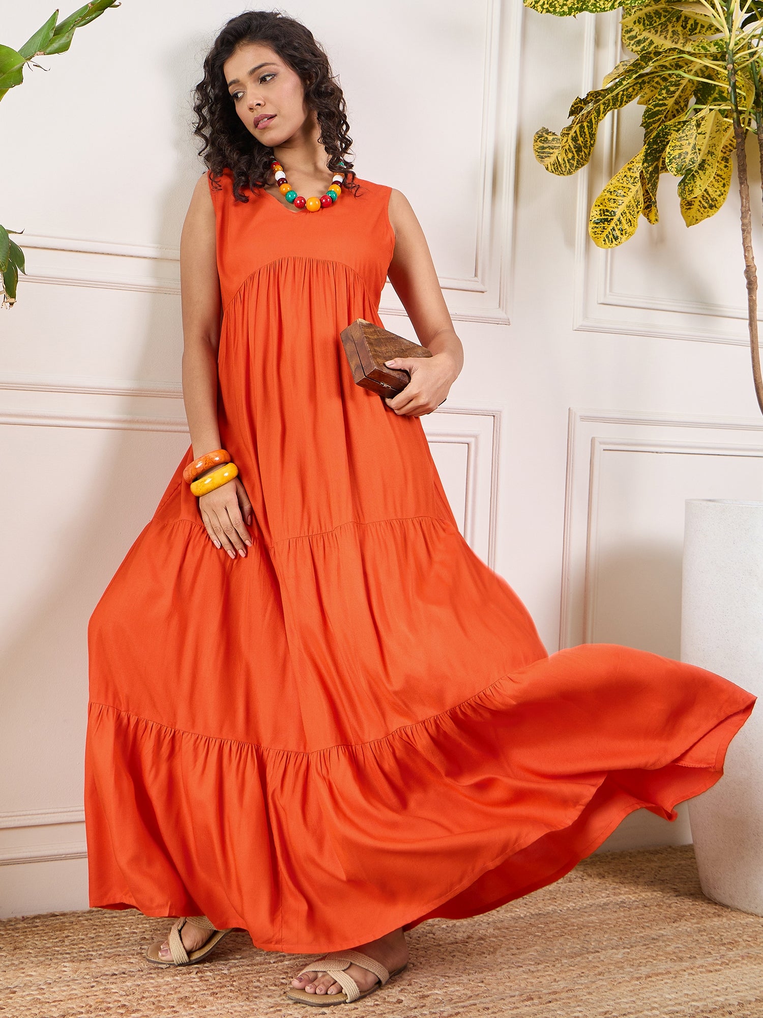 Orange V Neck Sleeveless Long Tiered Dress