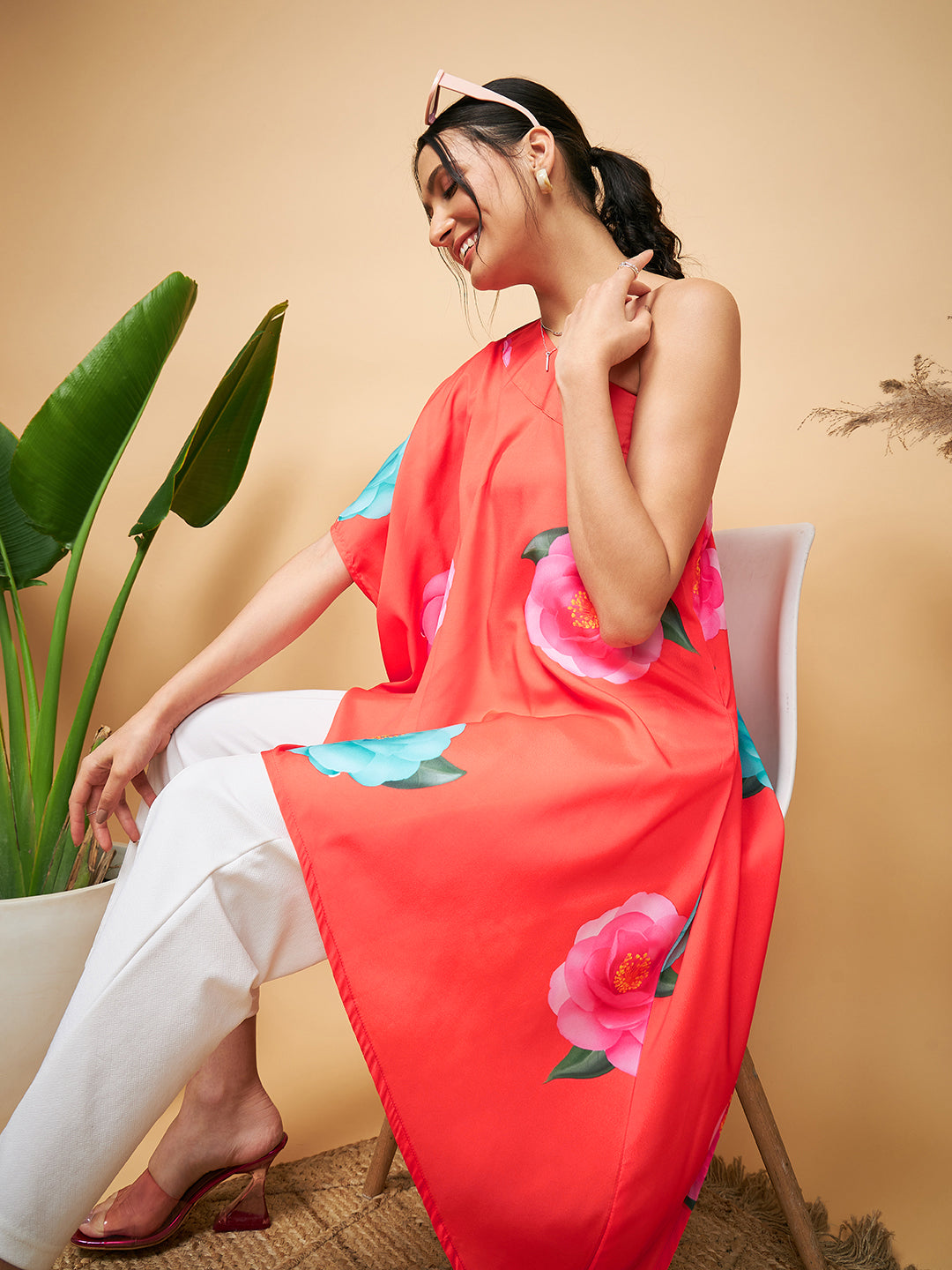 Dark Orange Pink Blue Flower One Shoulder Kurta