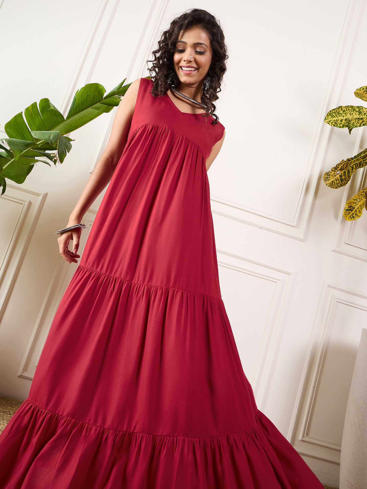 Maroon V Neck Sleeveless Long Tiered Dress