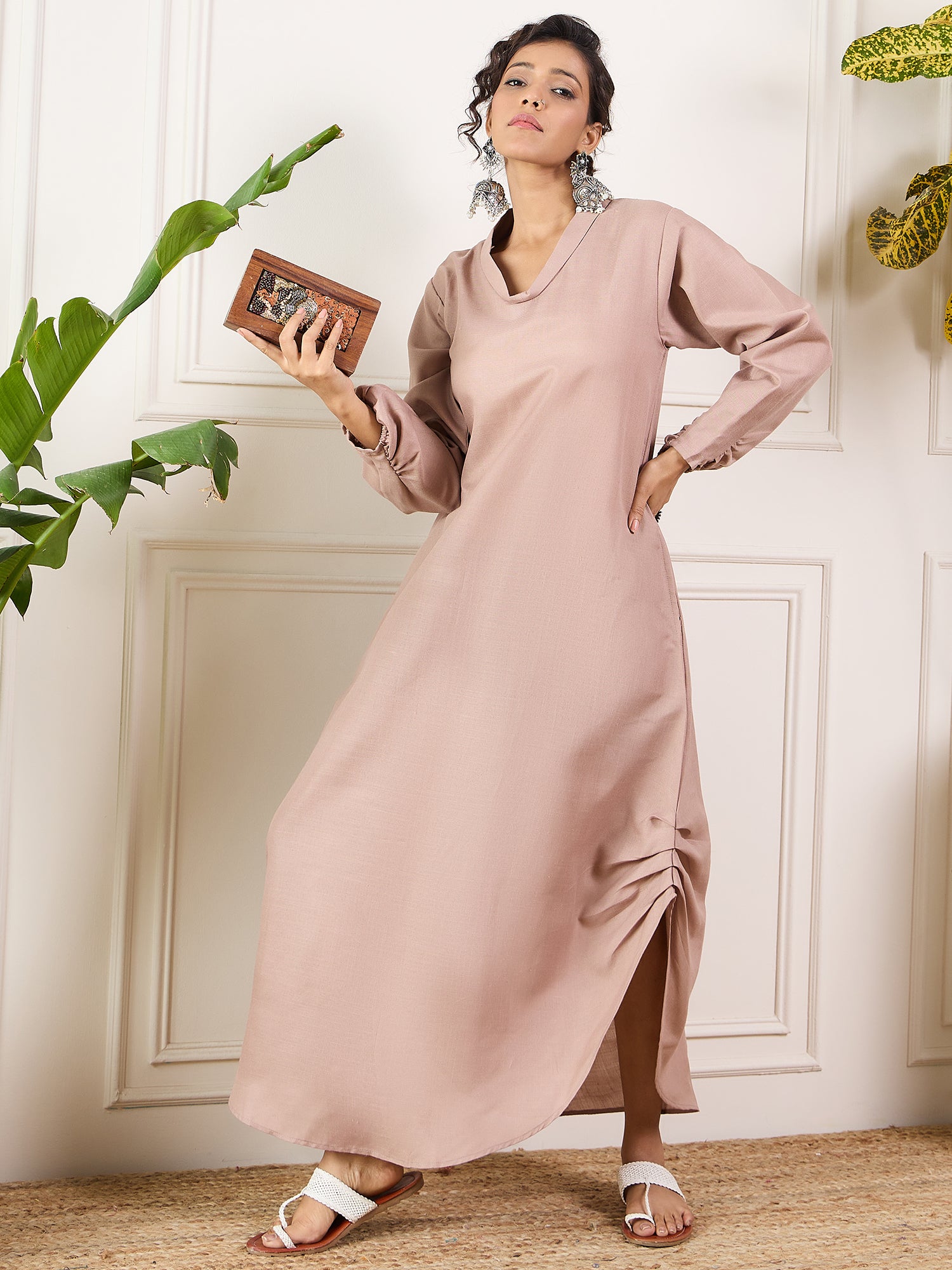 Dirt Brown Shawl Neck Long Side Pleat Dress