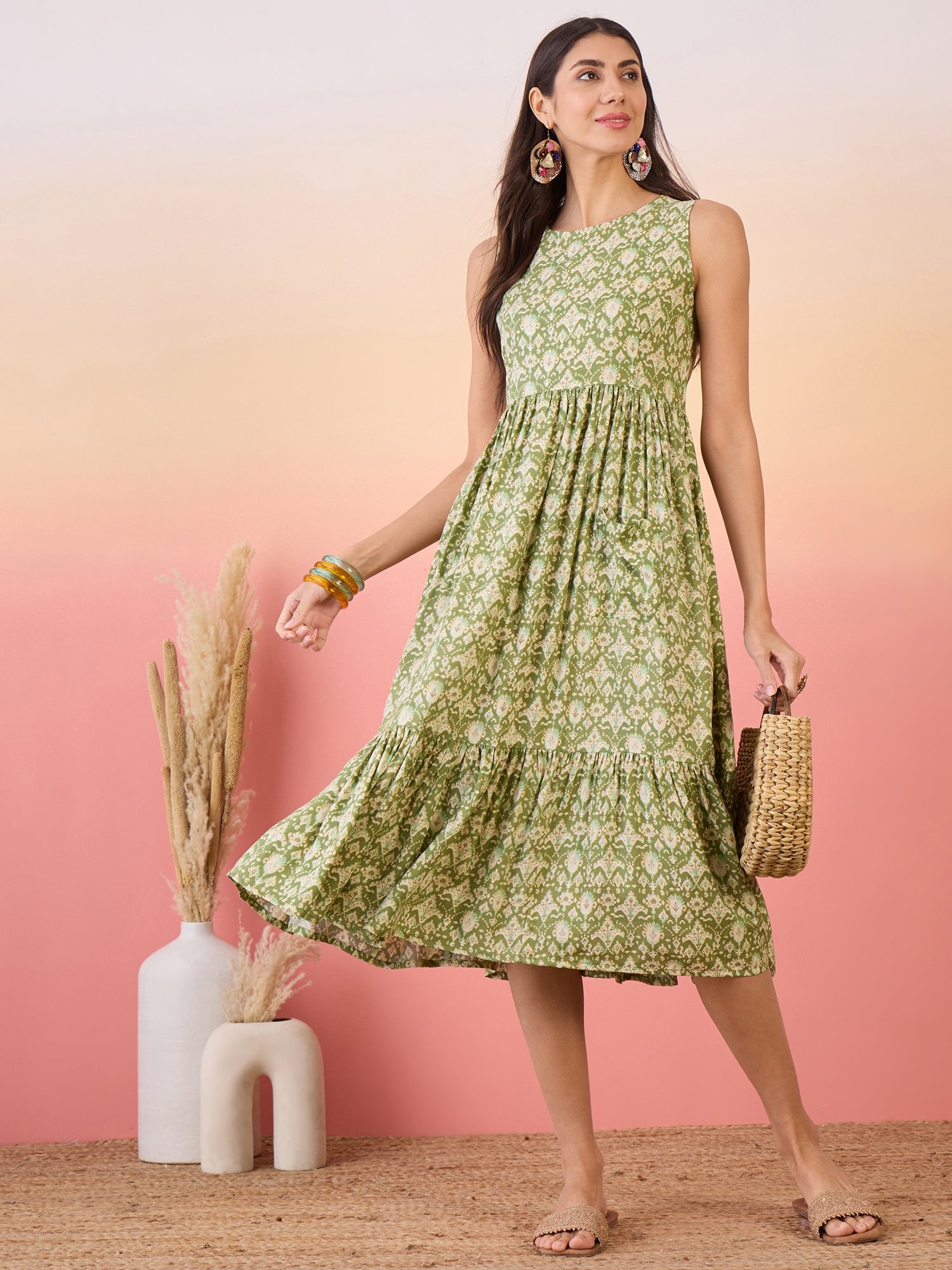 Apple Green Ikkat Print Foil Front Pocket Dress