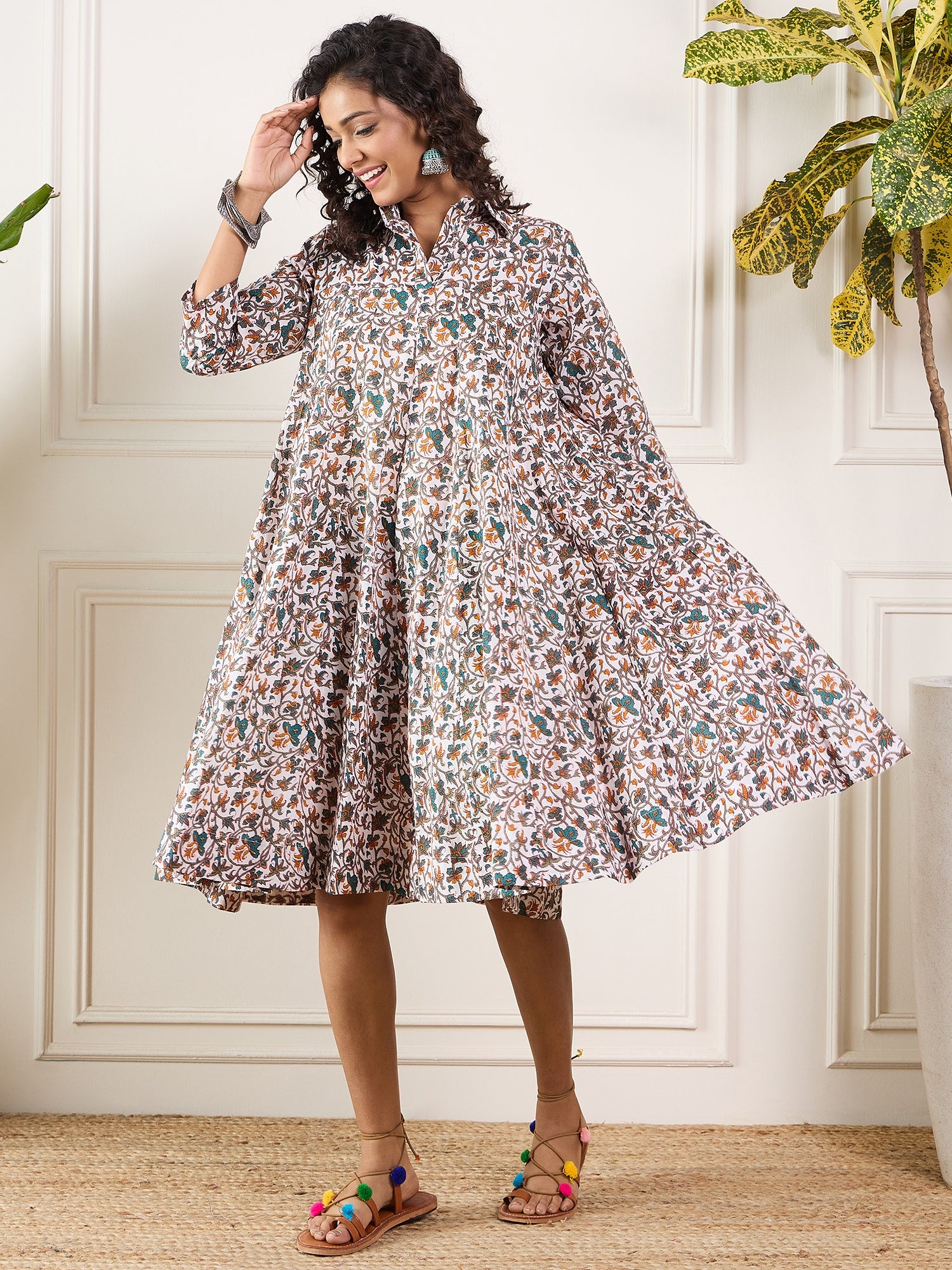 Teal Floral Sage Jaal Print Collar Dress