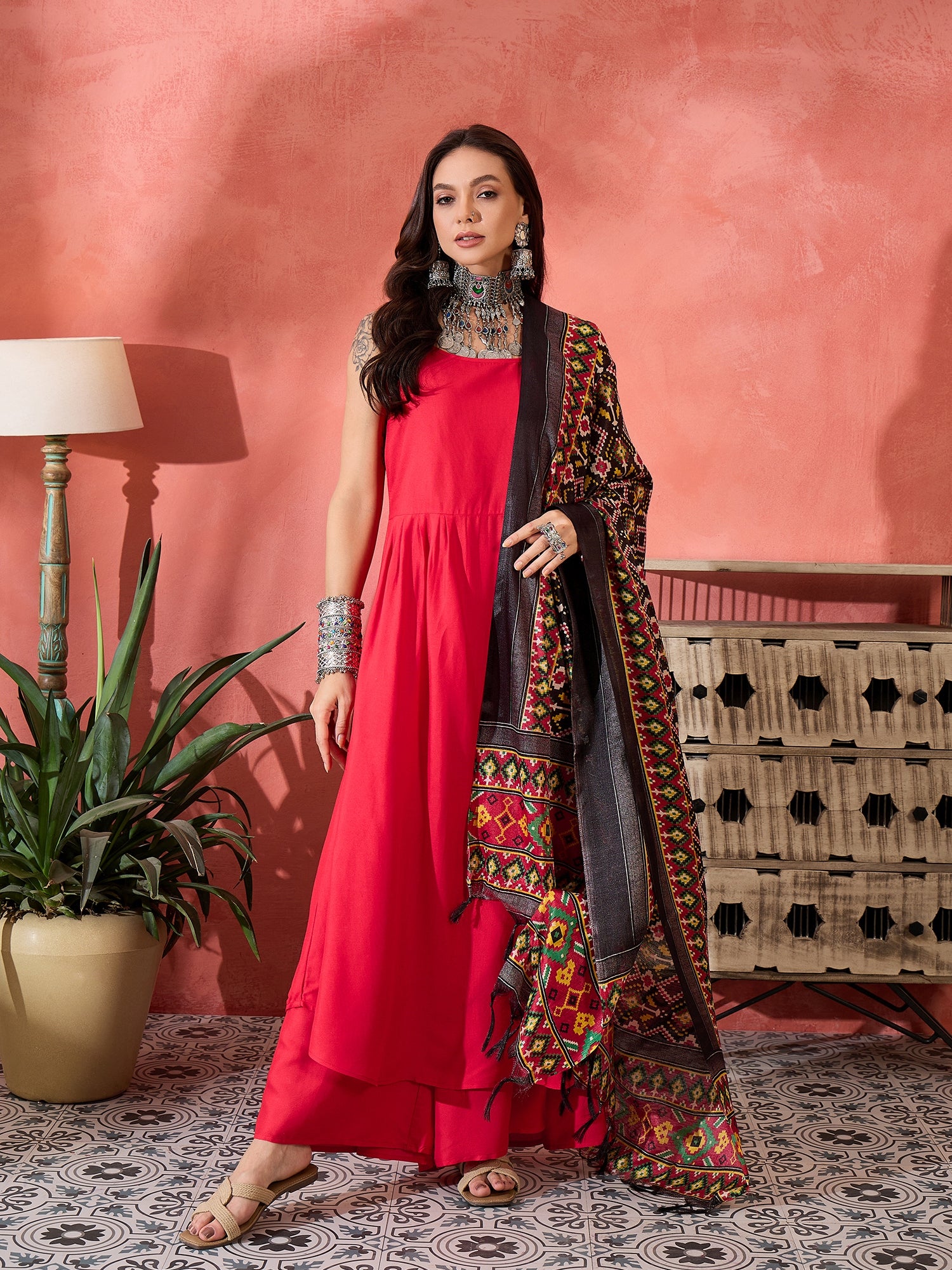 Red Strappy Kurta Set Black Patola Dupatta