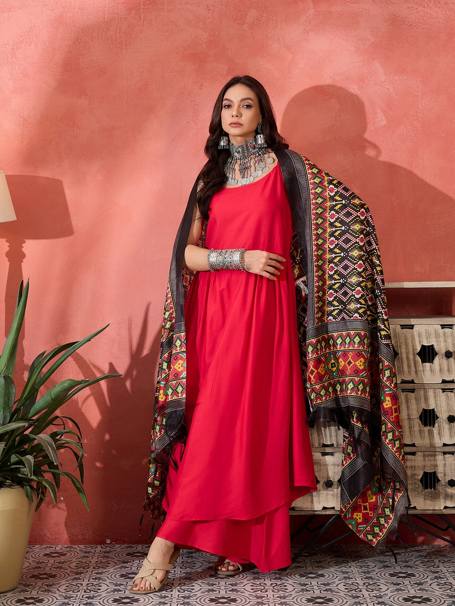 Red Strappy Kurta Set Black Patola Dupatta