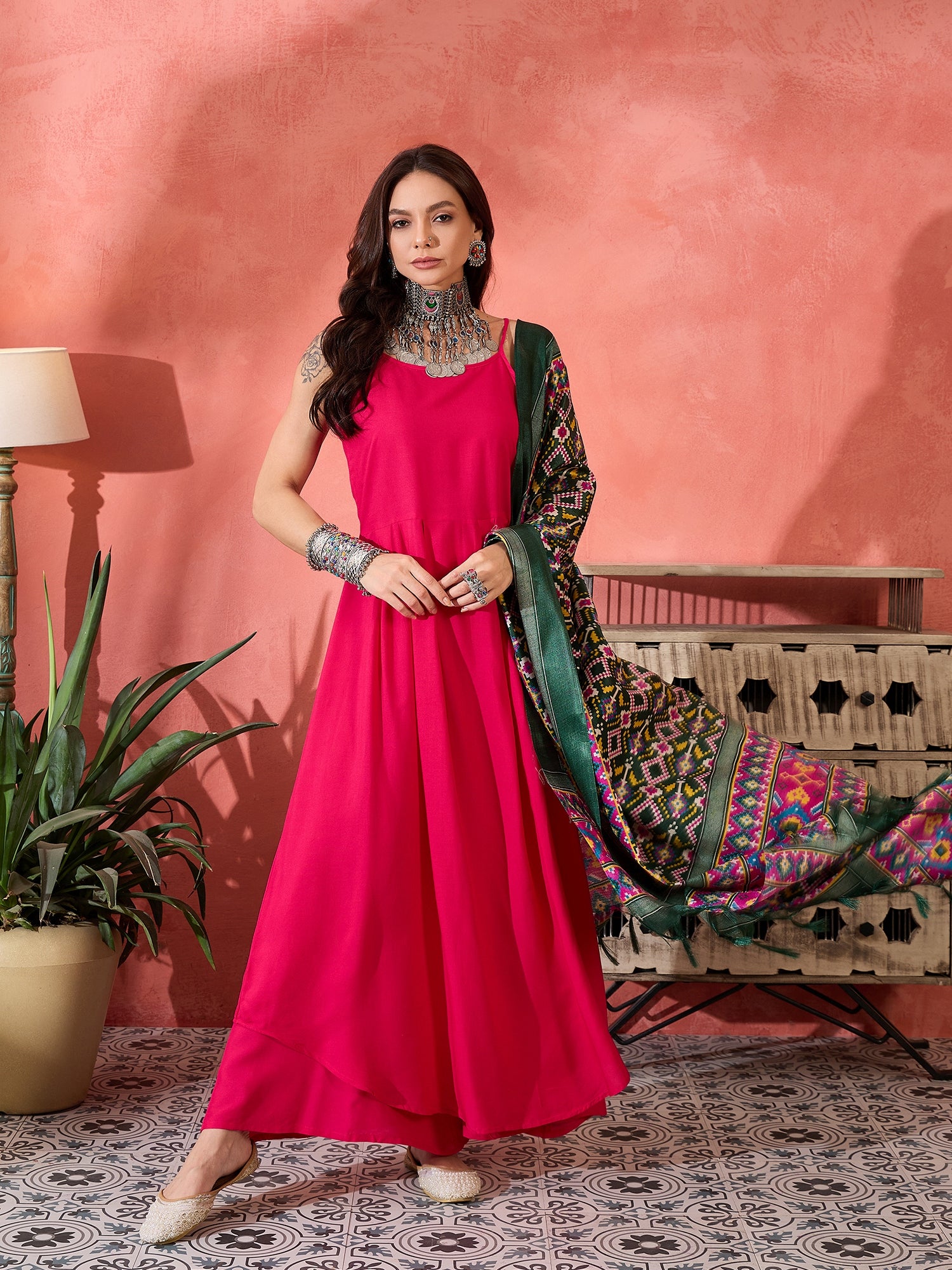 Fuchsia Strappy Kurta Set Green Patola Dupatta