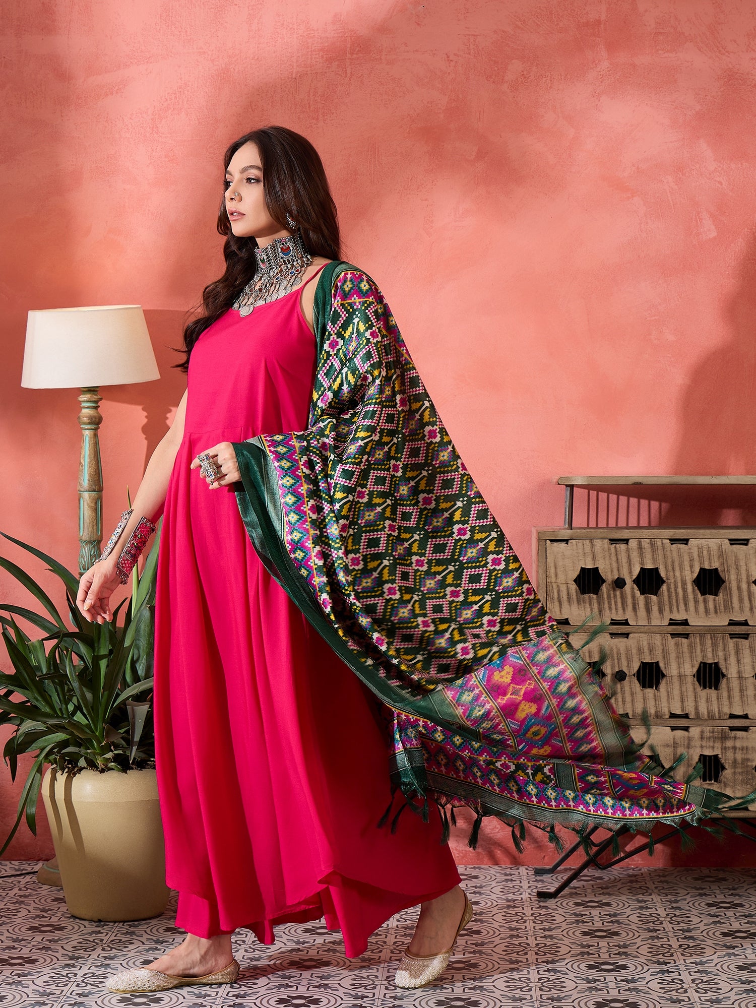 Fuchsia Strappy Kurta Set Green Patola Dupatta