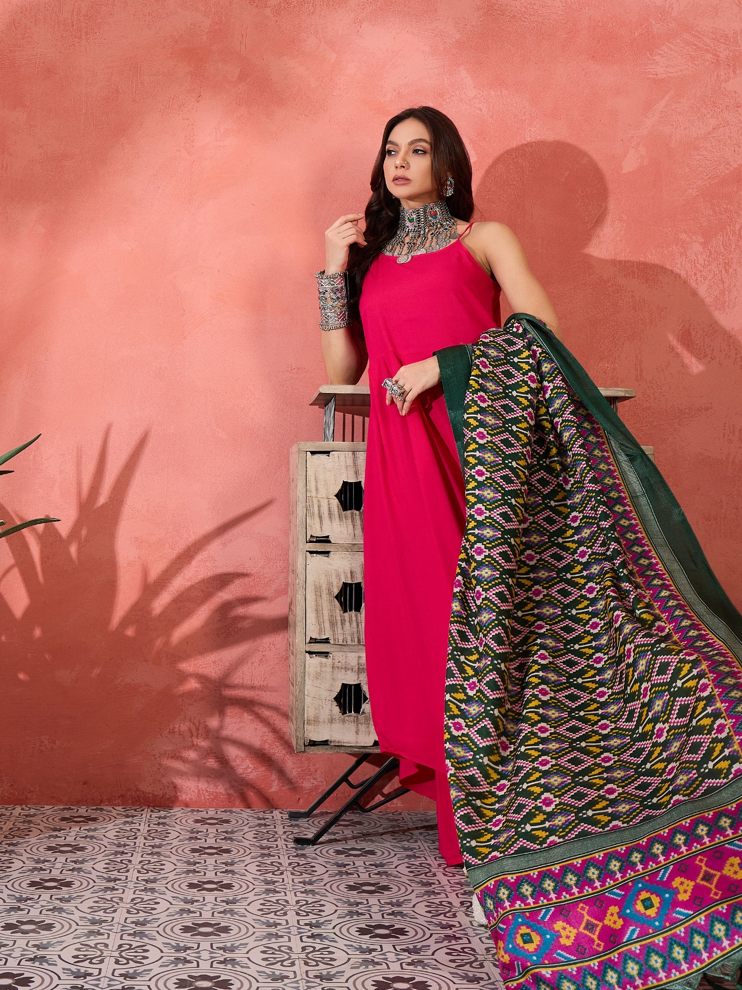 Fuchsia Strappy Kurta Set Green Patola Dupatta