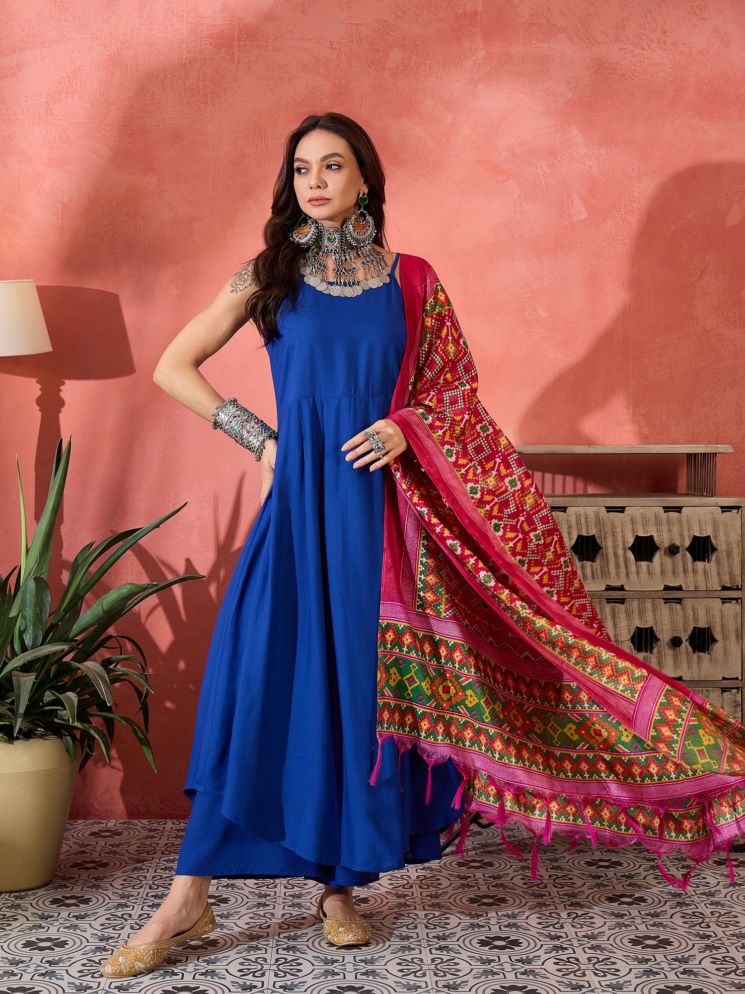 Ink Blue Strappy Kurta Set Pink Patola Dupatta