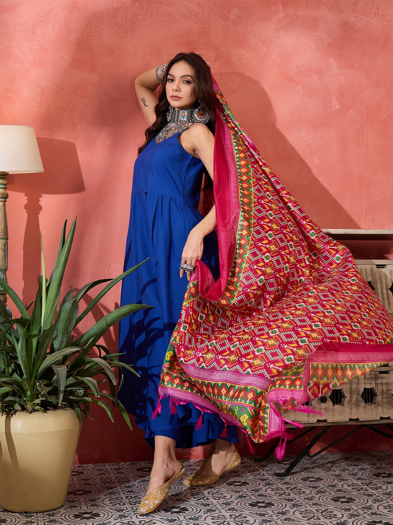 Ink Blue Strappy Kurta Set Pink Patola Dupatta