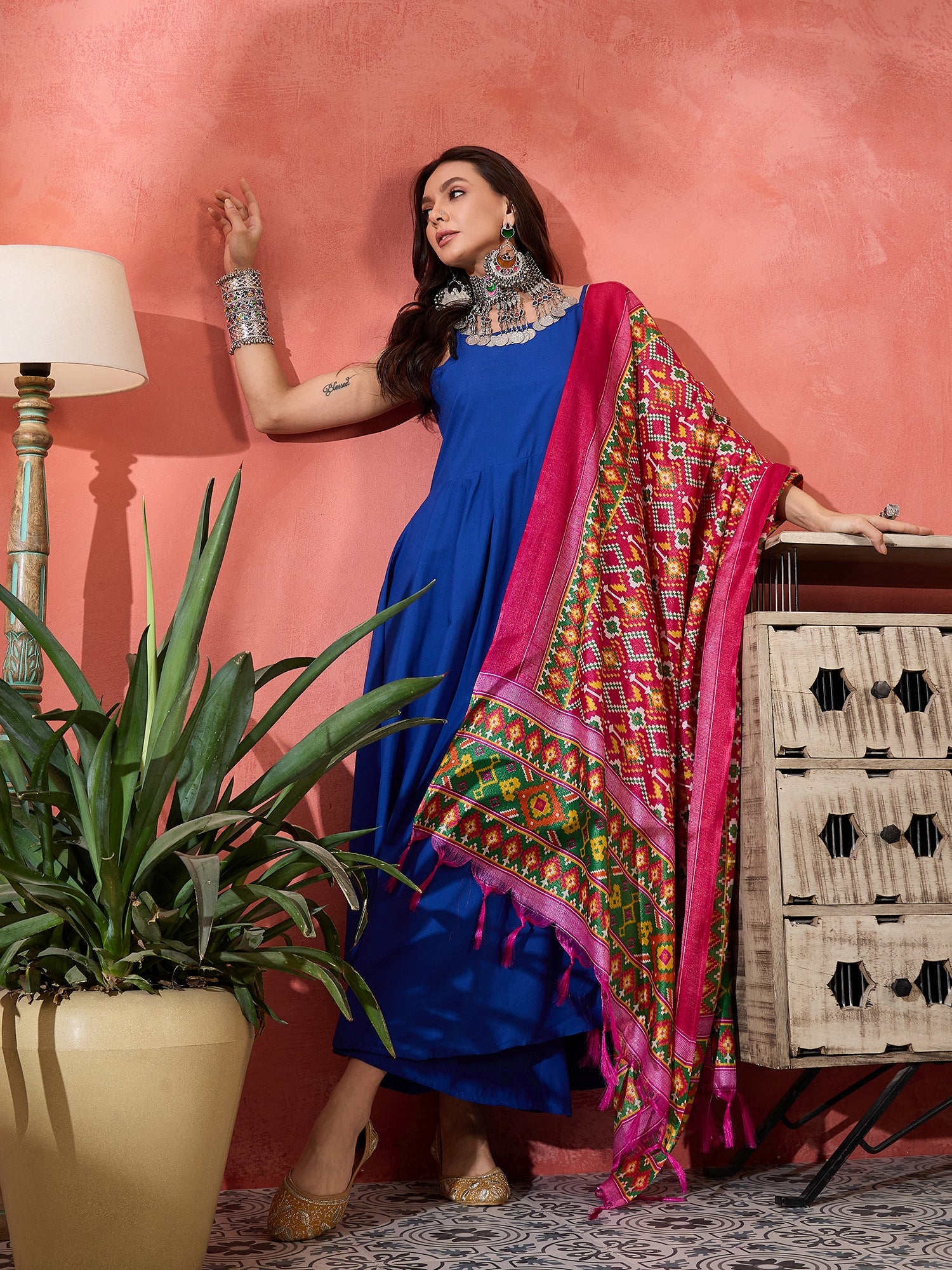 Ink Blue Strappy Kurta Set Pink Patola Dupatta