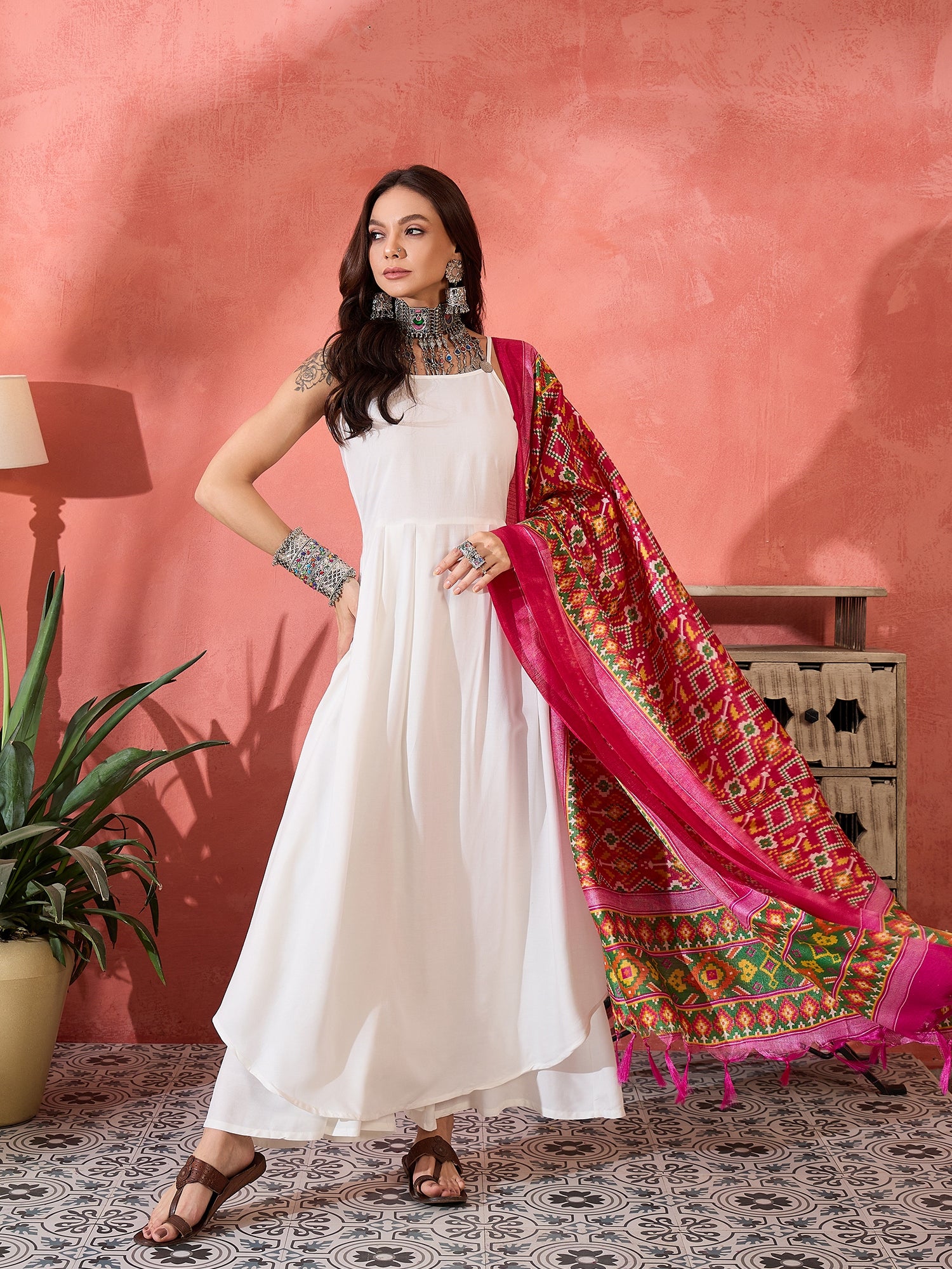 White Strappy Kurta Set Pink Patola Dupatta