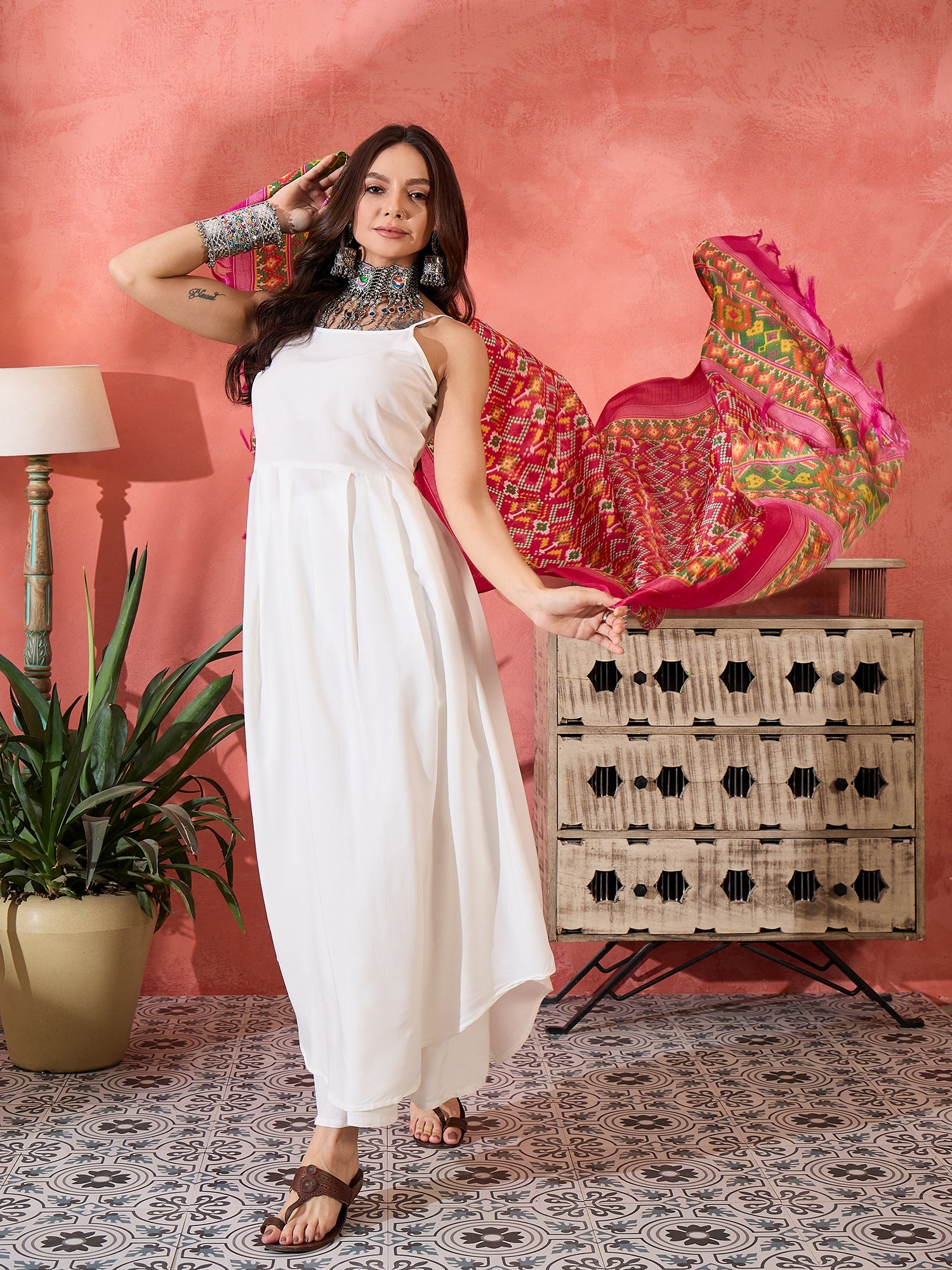 White Strappy Kurta Set Pink Patola Dupatta