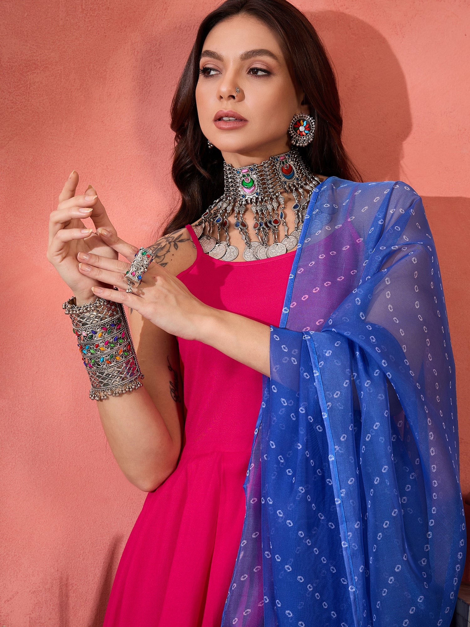 Fuchsia Strappy Kurta Set Blue Bandhani Or Dupatta