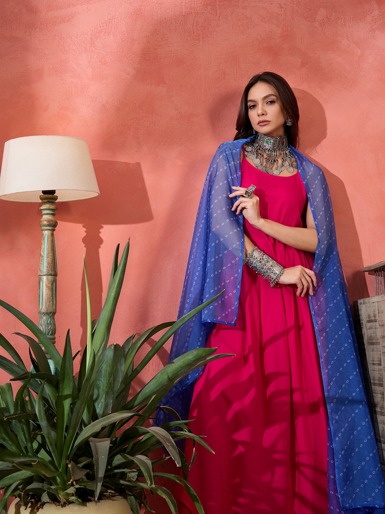 Fuchsia Strappy Kurta Set Blue Bandhani Or Dupatta