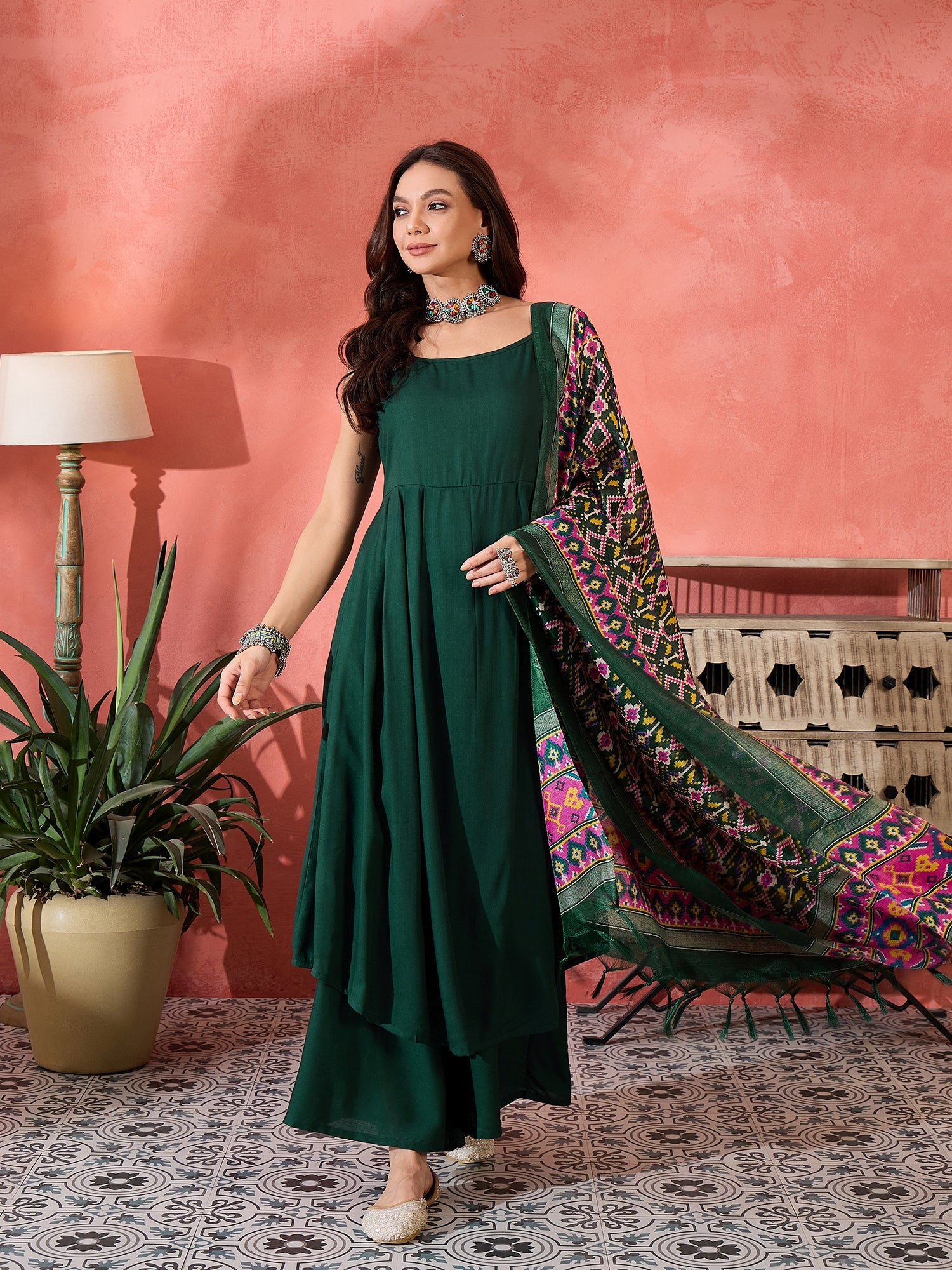 Green Strappy Kurta Set Green Patola Dupatta