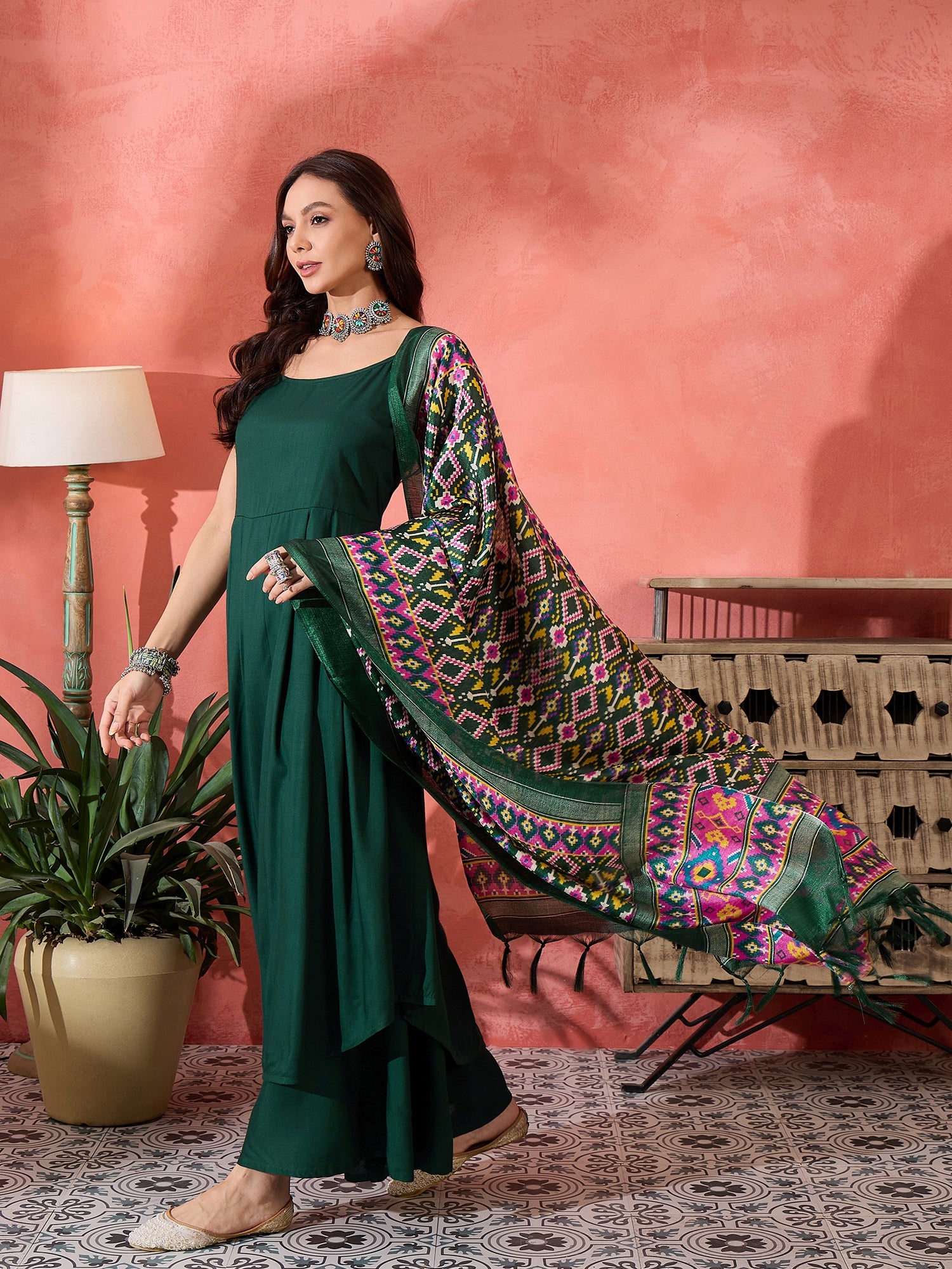 Green Strappy Kurta Set Green Patola Dupatta