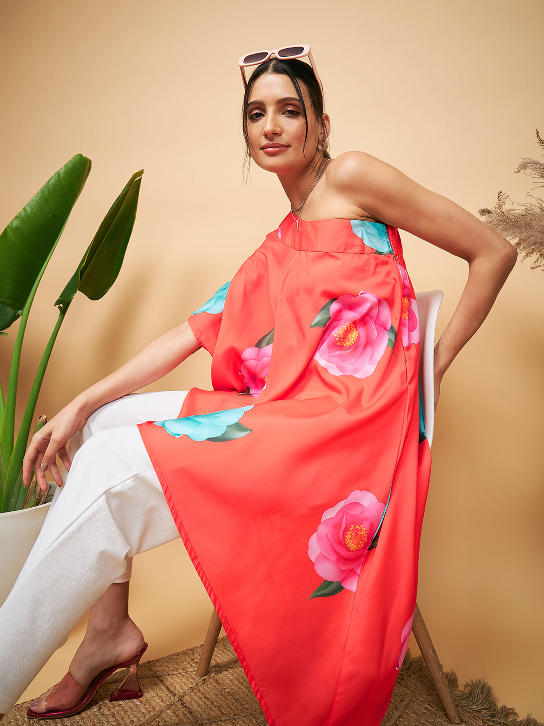 Dark Orange Pink Blue Flower One Shoulder Kurta