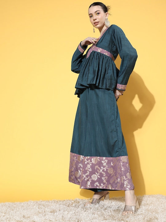 Teal Mauve Brocade Mughal Shaan Kurta Palazzo Set