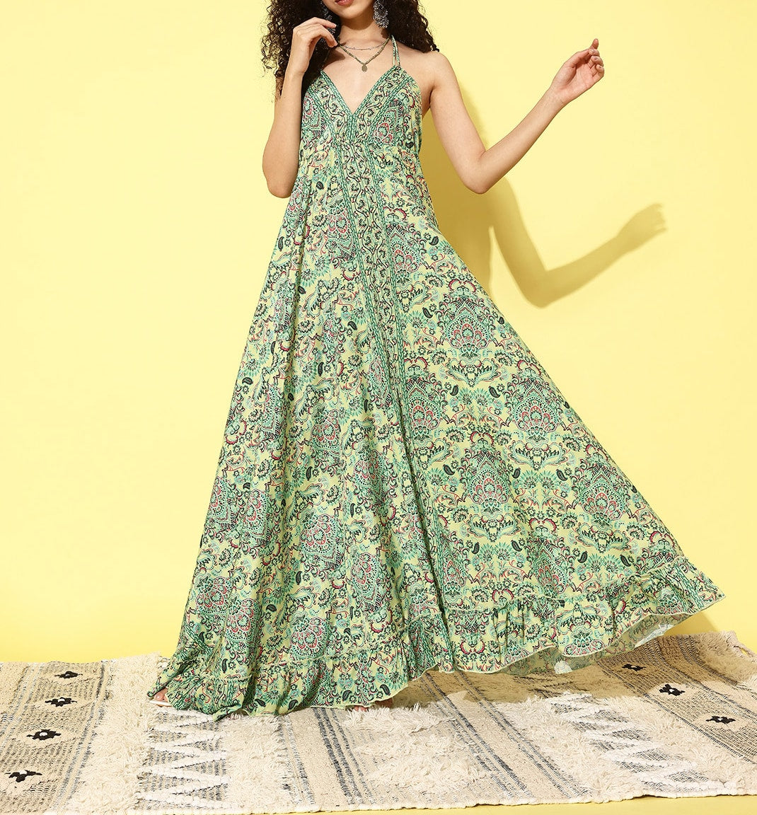 Greeen Camelia Print Back Detail Long Dress