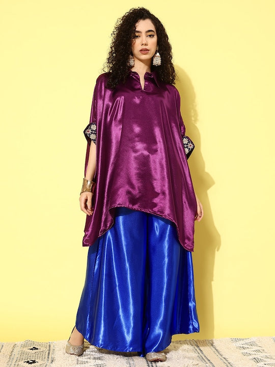 Wine Navy Brocade Satin Boho Blue Palazzo Set