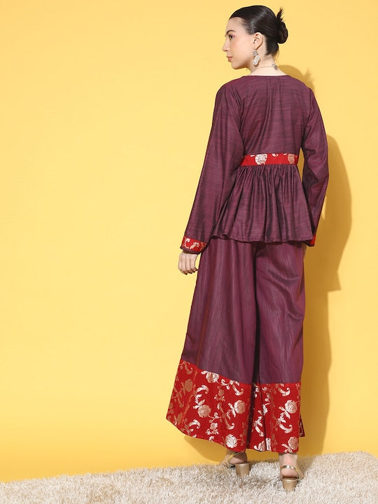 Wine Red Brocade Mughal Shaan Kurta Palazzo Set